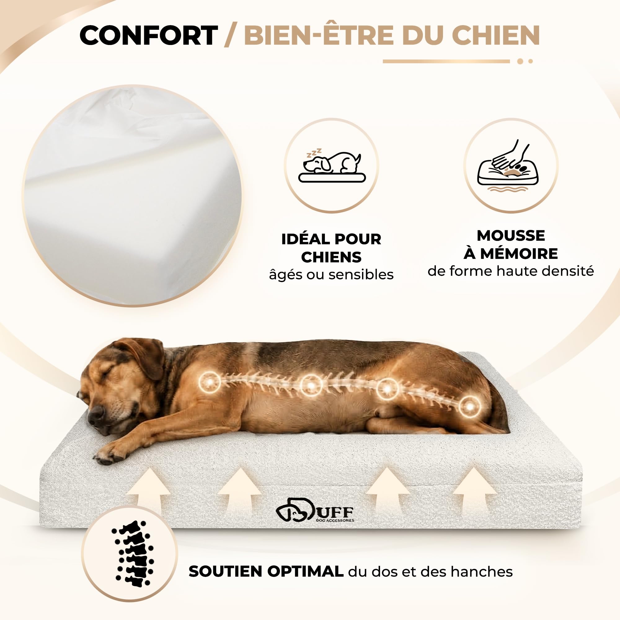 Duff® Lit Orthopédique Chien Grande Taille L (115x90 cm) – Matelas Mémoire de Forme Haute Densité – Tissu Bouclette Premium, Housse Lavable – Confort Durable & Élégant
