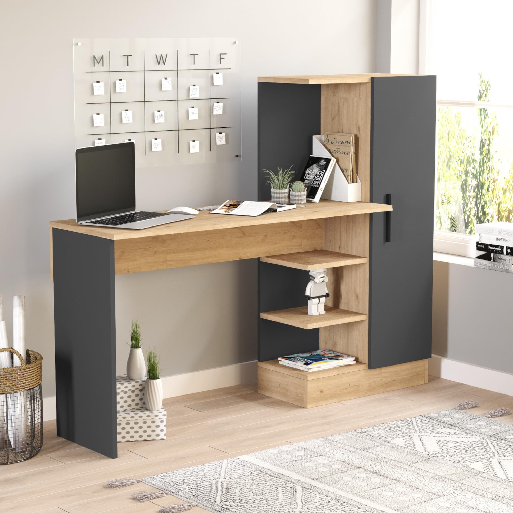 [en.casa] Scrivania con Armadio Integrato e Ripiani Aperti per Cameretta Tavolo da Ufficio Studio Postazione di Lavoro Computer con Piano 120 x 40 cm - Effetto Rovere/Antracite