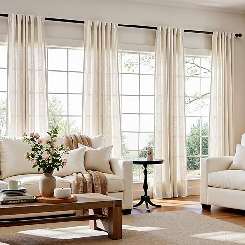 jinchan Ecru Linen Blend Curtains 90 Inches Length for Living Room Farmhouse Rod Pocket Back Tab Light Light Filtering Lightweight Curtains for Bedroom Ivory Drapes 4 Panels