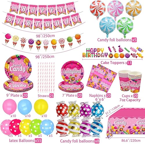 Miniatura 2 de Candyland - Decoraciones de fiesta de cumpleaños con temática de piruletas, incluyendo globos, pancarta, platos, manteles, vasos, servilletas,