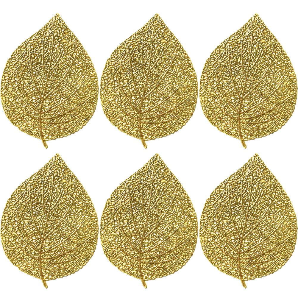 SCF2017 PVC Bodhi leaf shaped Coasters for Drink Cup Mats Small Cute Placemats Set of 6,Gold