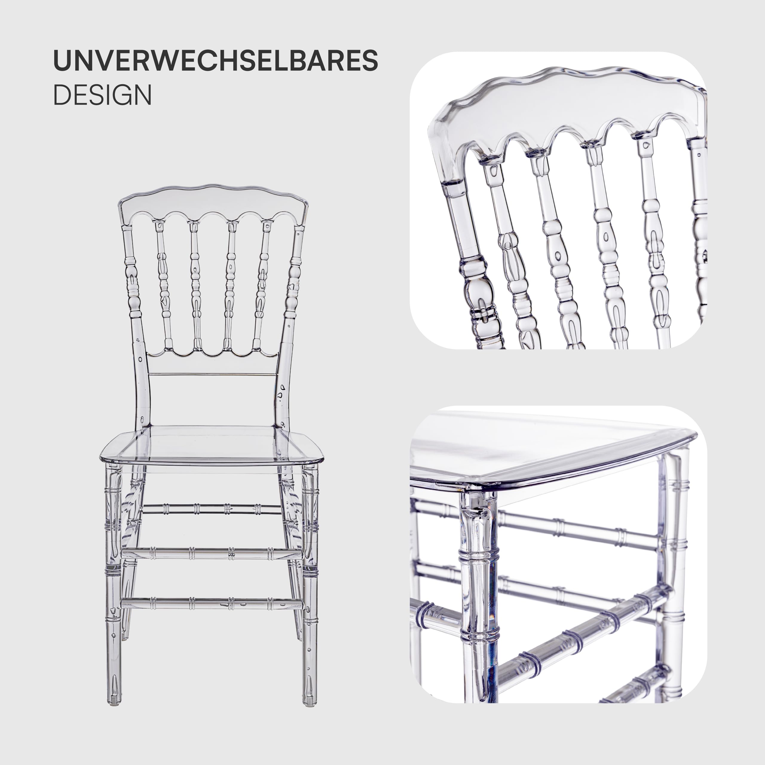 Baroni Home Set aus 4 transparenten Polycarbonat-Stühlen, Elegantes stapelbares und wasserfestes Design für Wohnzimmer, Esszimmer, Schlafzimmer, 38X38X91 cm, Bambus