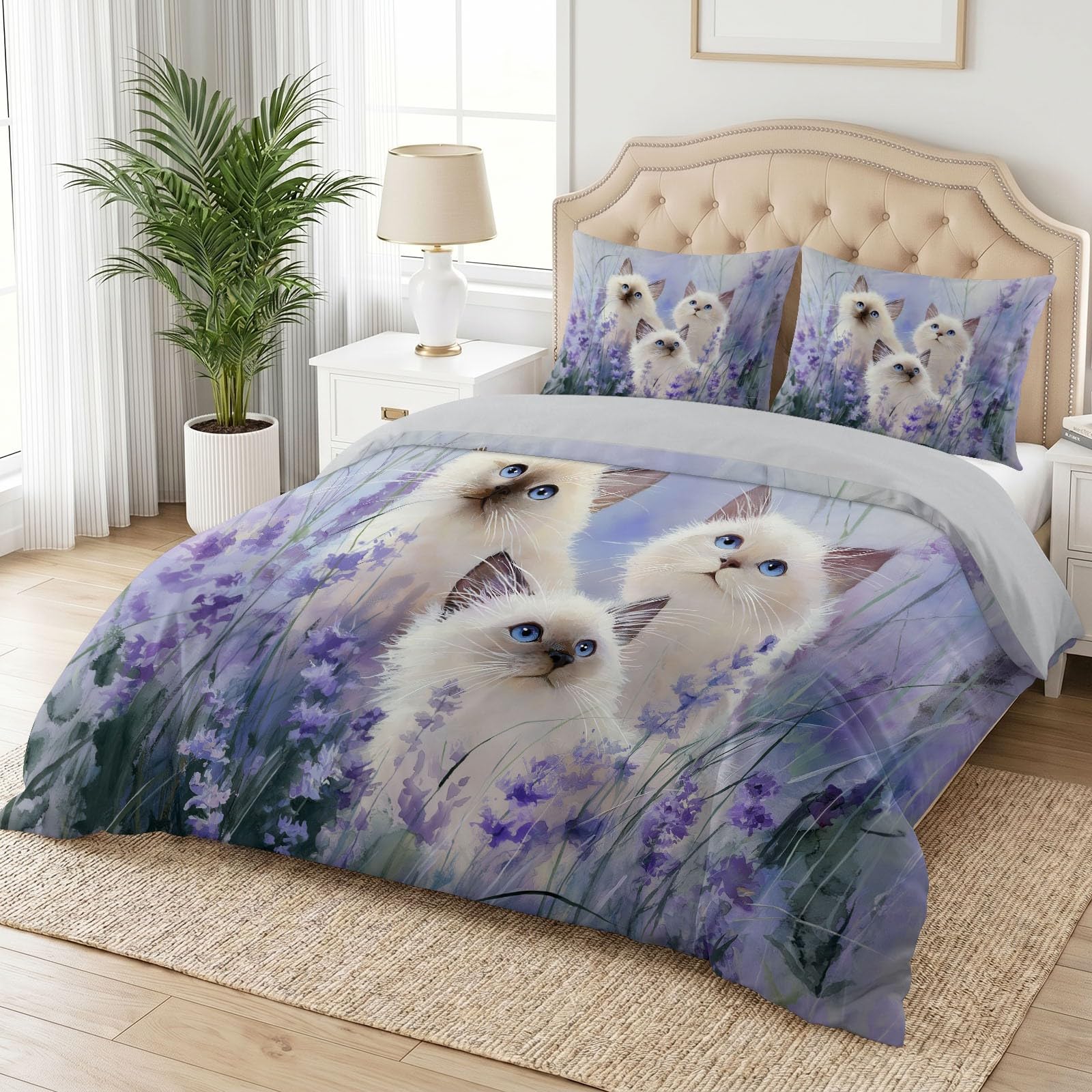 Dreamy - Juego de funda de edredón y funda de almohada tamaño Super King, diseño de gato pastoral lavanda, ropa de cama de microfibra suave, 260 x 220 cm, reversible, hipoalergénica, para niños y