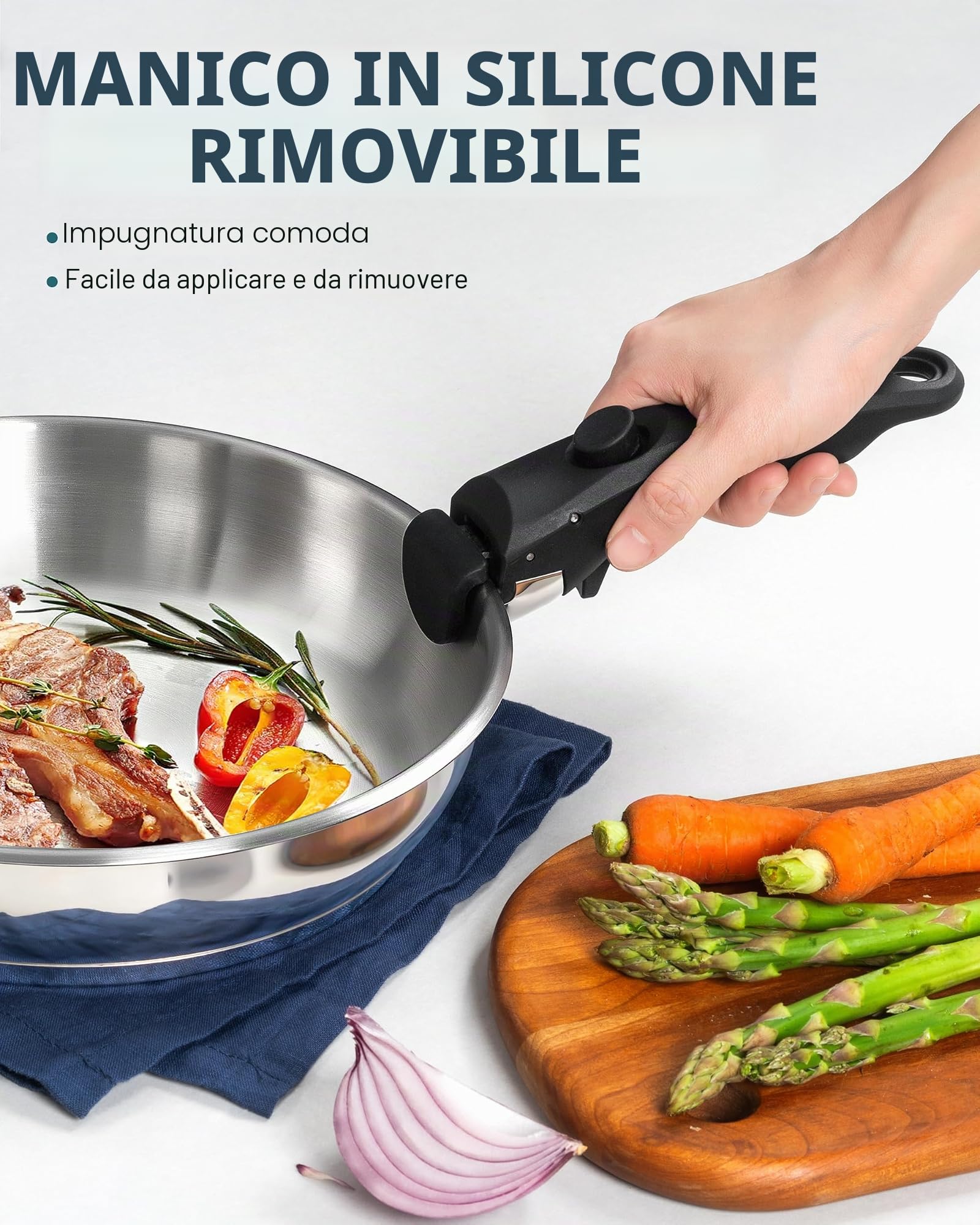 MICHELANGELO Set di padelle in acciaio inox con manico rimovibile, base tripla, compatibile con induzione, 20,3 cm, 24,1 cm e 28 cm
