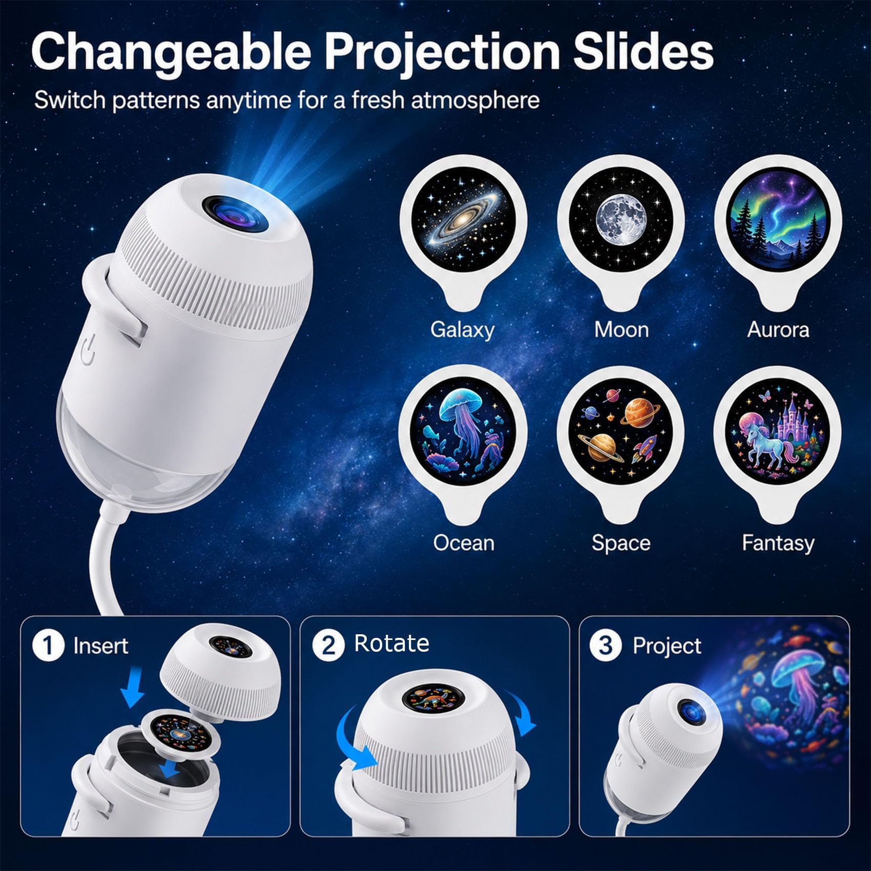 2-in-1 Galaxy Projector Night Light, HD 5D Holographic Night Light Projector, USB Galaxy Star Lamp | USB Power, 360° Flexible Angle for Bedroom, Car Decor (24 Films)
