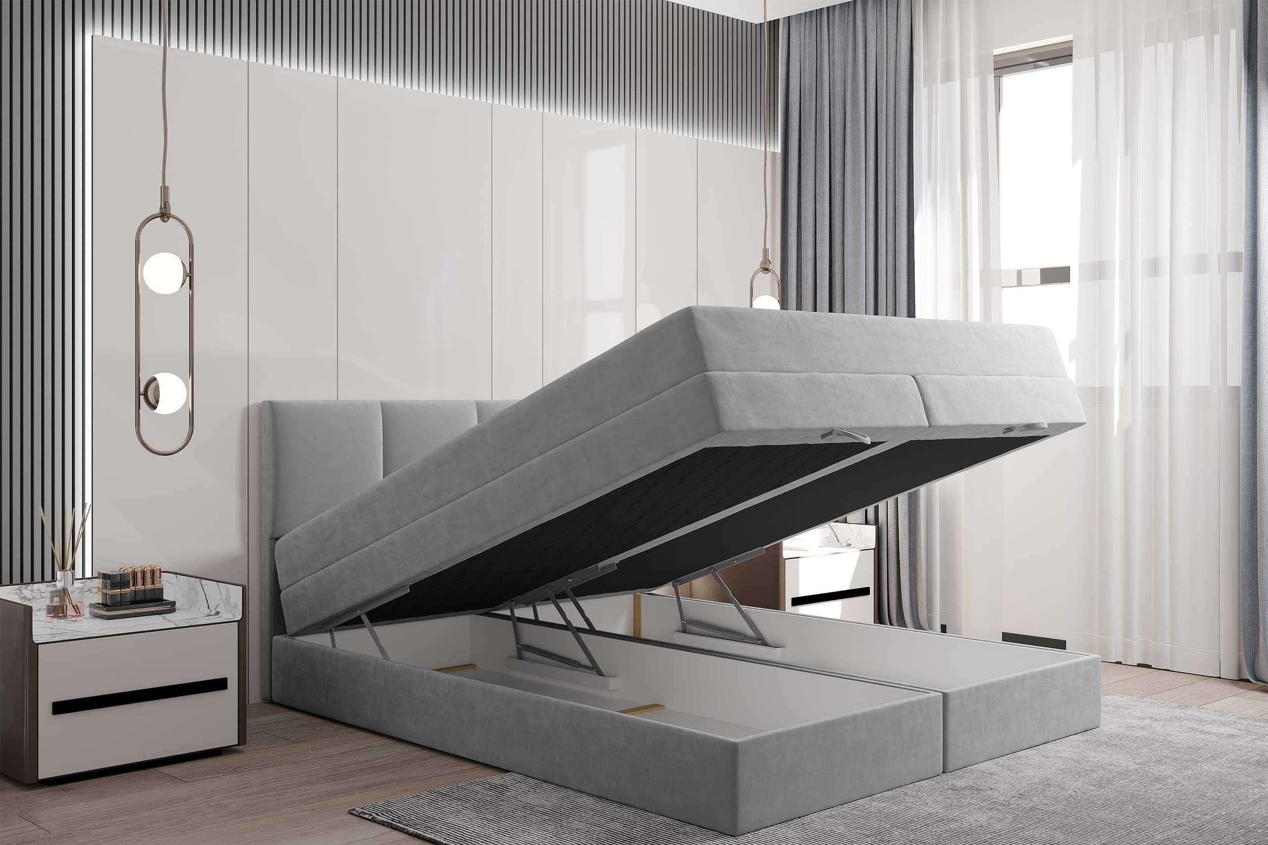 Letto Matrimoniale Prado Con Cassetti E Materassi - 140x200cm, Grigio, Velluto Antimacchia - Foto 8