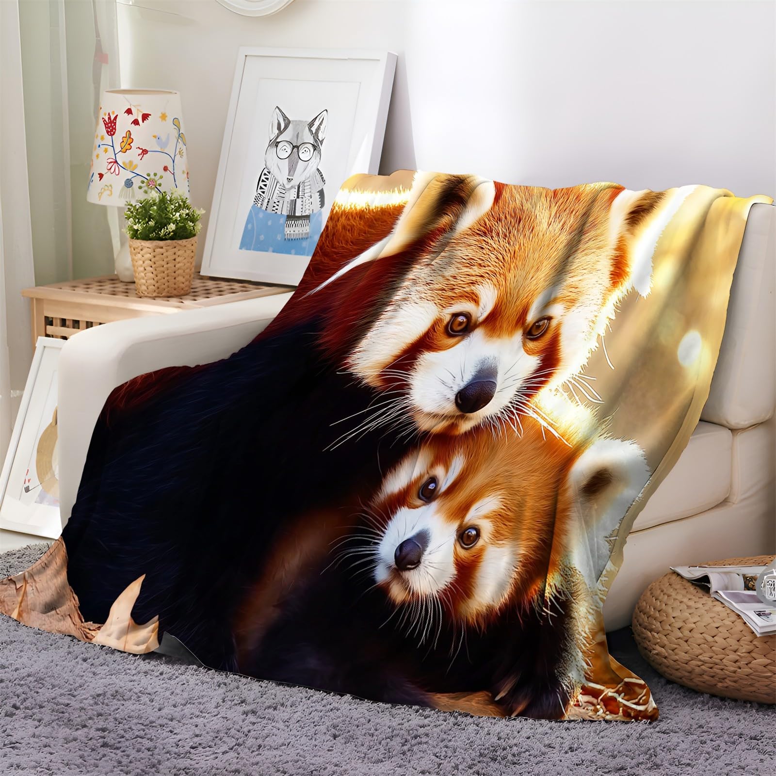 Plaid Couverture Extra Doux 180x220 cm Animal Panda Rouge Orange Couvre-lit Multi-usages Canapé, Plaid pour lit, Couverture Foulard Doux et Chaude Plaid Canapé Flanelle