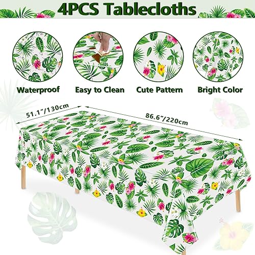 Miniatura 2 de Paquete de 4 manteles hawaianos de Luau con hojas de palmera tropicales, manteles rectangulares de plástico desechables Hawaii, Aloha para verano,
