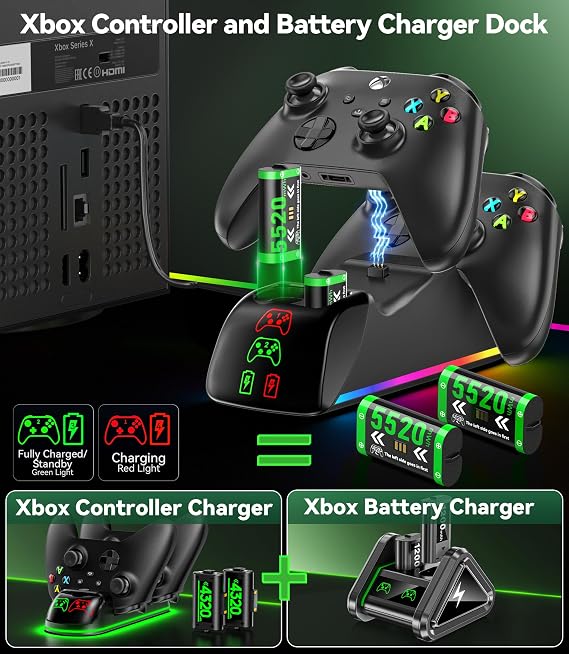 Xbox Controller Ladestation mit 4 x 5520 mWh wiederaufladbaren Xbox Akkus Schnelle X Box Ladestation für X Box Series X/S/One/X/S/Elite Controller mit 9 RGB Modi X bx Zubehör