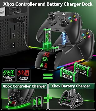 Xbox Controller Ladestation mit 4 x 5520 mWh wiederaufladbaren Xbox Akkus Schnelle X Box Ladestation für X Box Series X/S/One/X/S/Elite Controller mit 9 RGB Modi X bx Zubehör