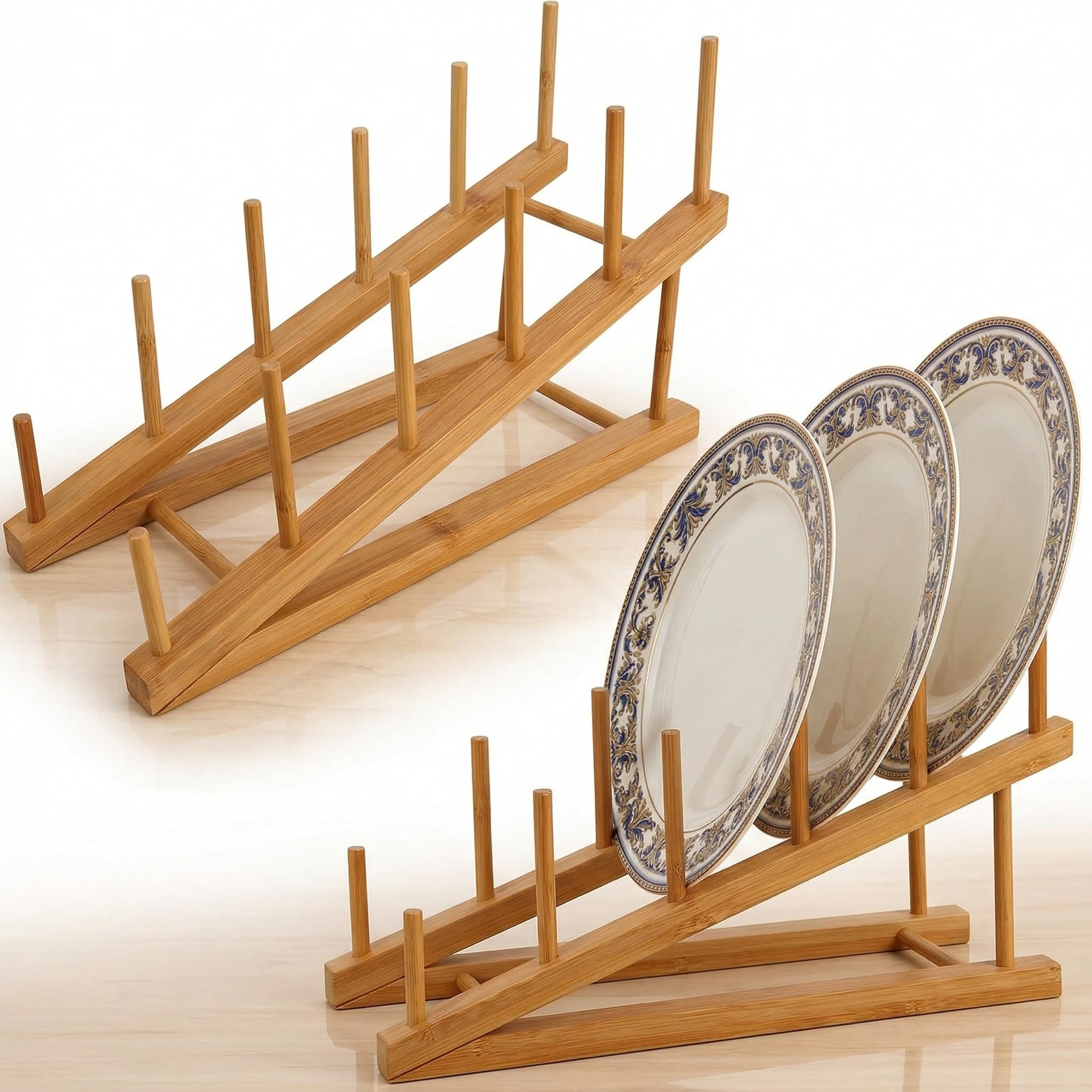 Xygobla 2 Pcs Wooden Plate Rack,Plate Rack Holder Dish Drying Drainer Rack with 5 Grids,Cupboard Plate Stand Bamboo Dish Holders Kitchen Cabinet Organizer for Cup,Cutting Board,Bowl,Pot Lid,Tableware
