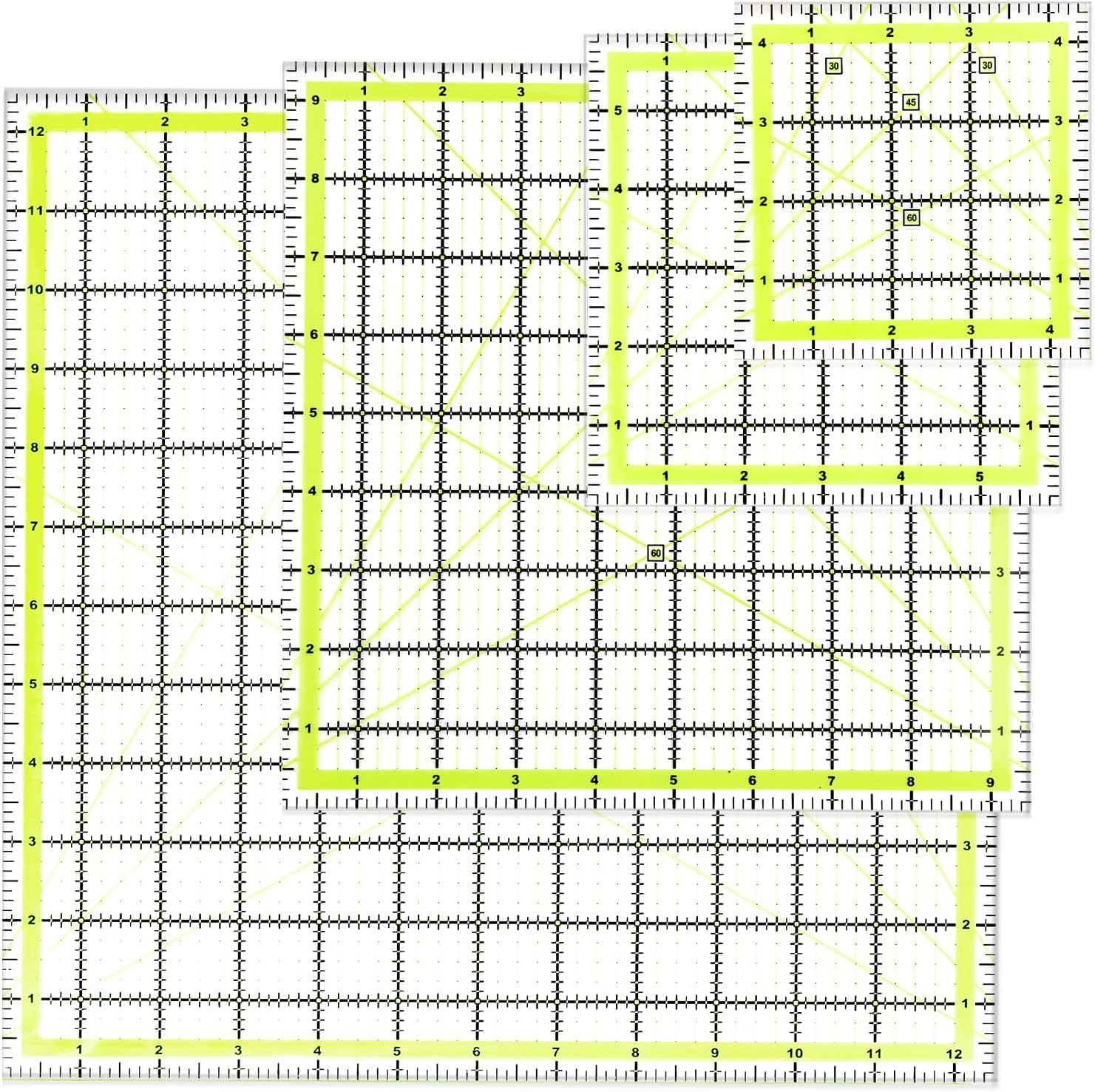UOOU 4 Pack Quilting Ruler, Quilting Ruler (4.5"X4.5", 6"X6", 9.5"X9.5", 12.5"X12.5") Quilting Templates Fabric Cutting Ruler Acrylic Quilters Rulers Clear Mark for Quilting and Sewing