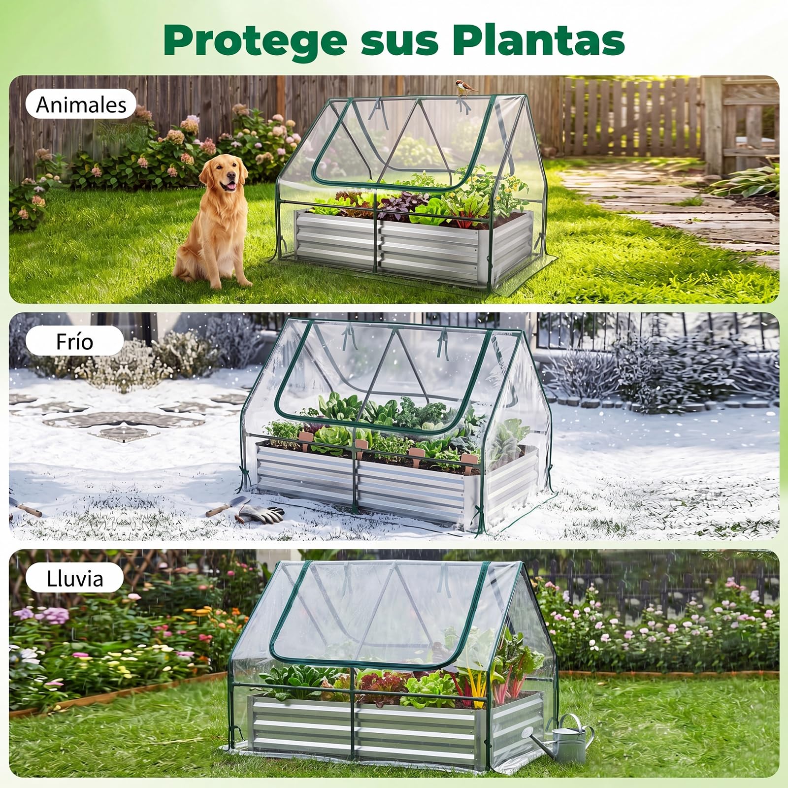 COSTWAY Cama de Jardín Elevada con Mini Invernadero, Huerto Urbano Terraza de Metal Galvanizado con Base Abierta y 2 Ventanas Enrollables, Jardinera Exterior para Flores Verduras Patio Balcón