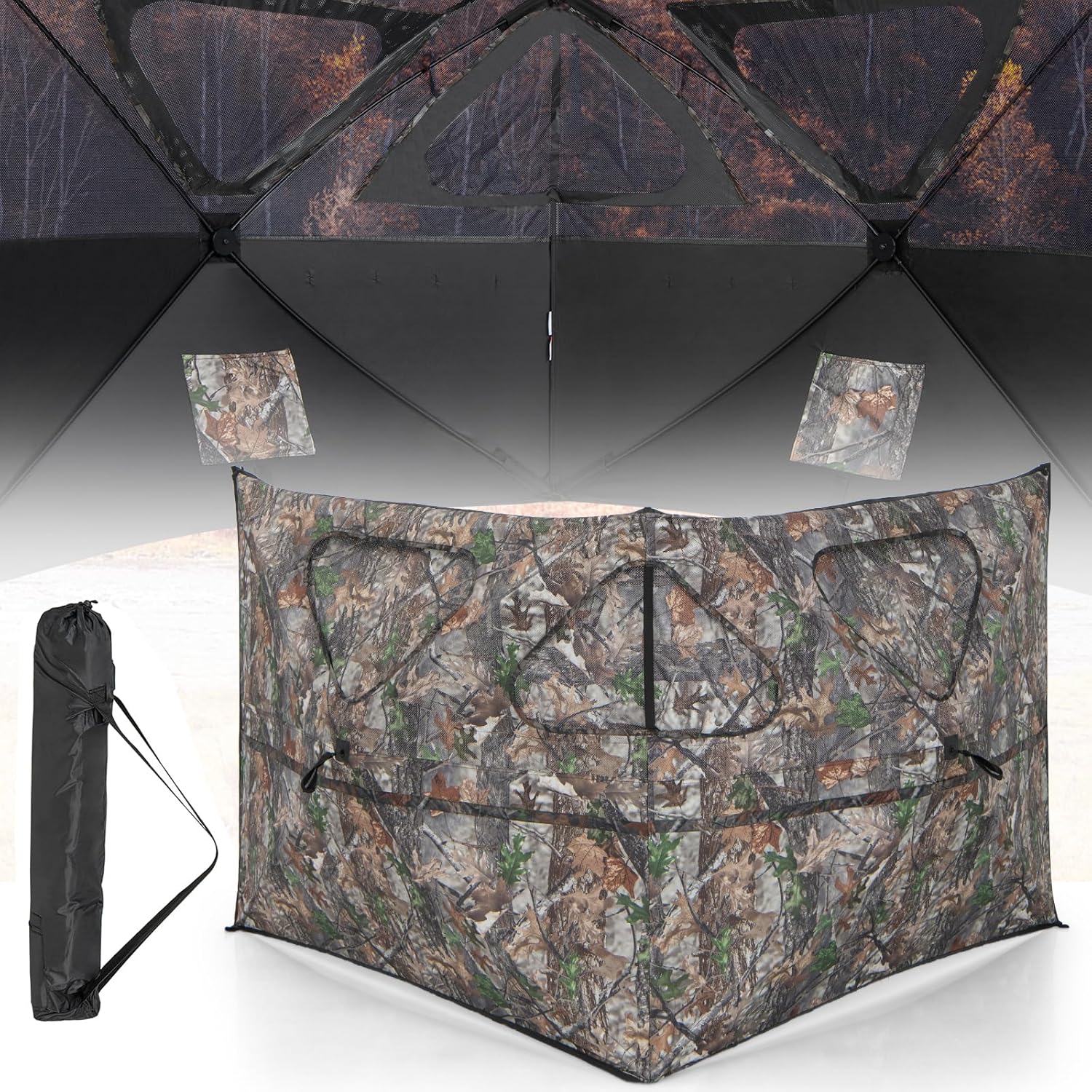 LDAILY Moccha Hunting Blind, 2-Panel Pop Up Deer Blind w/ 3 Shoot Through Ports, 2 Storage Pockets, Carry Bag, Portable Hunting Tent, 360 See Through Ground Blind for Deer & Turkey Hunting