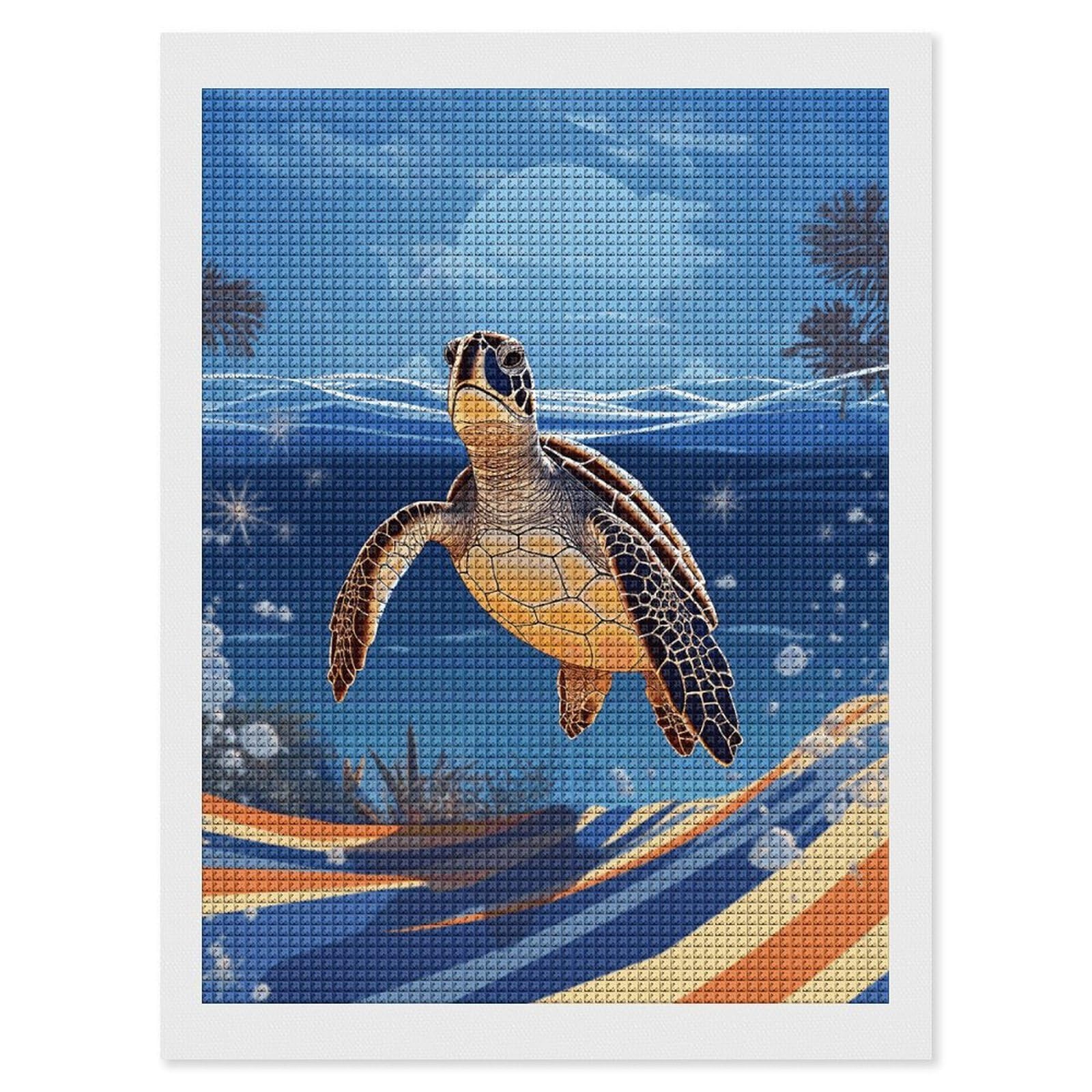 Turtle on The Beach Diamond Art Kits for Adults, DIY 5D Diamonds Painting Kits for Beginner, Round Full Drill Diamond Dots Painting, 12"x16" Diamonds Pictures Gem Art and Crafts Wall Decor