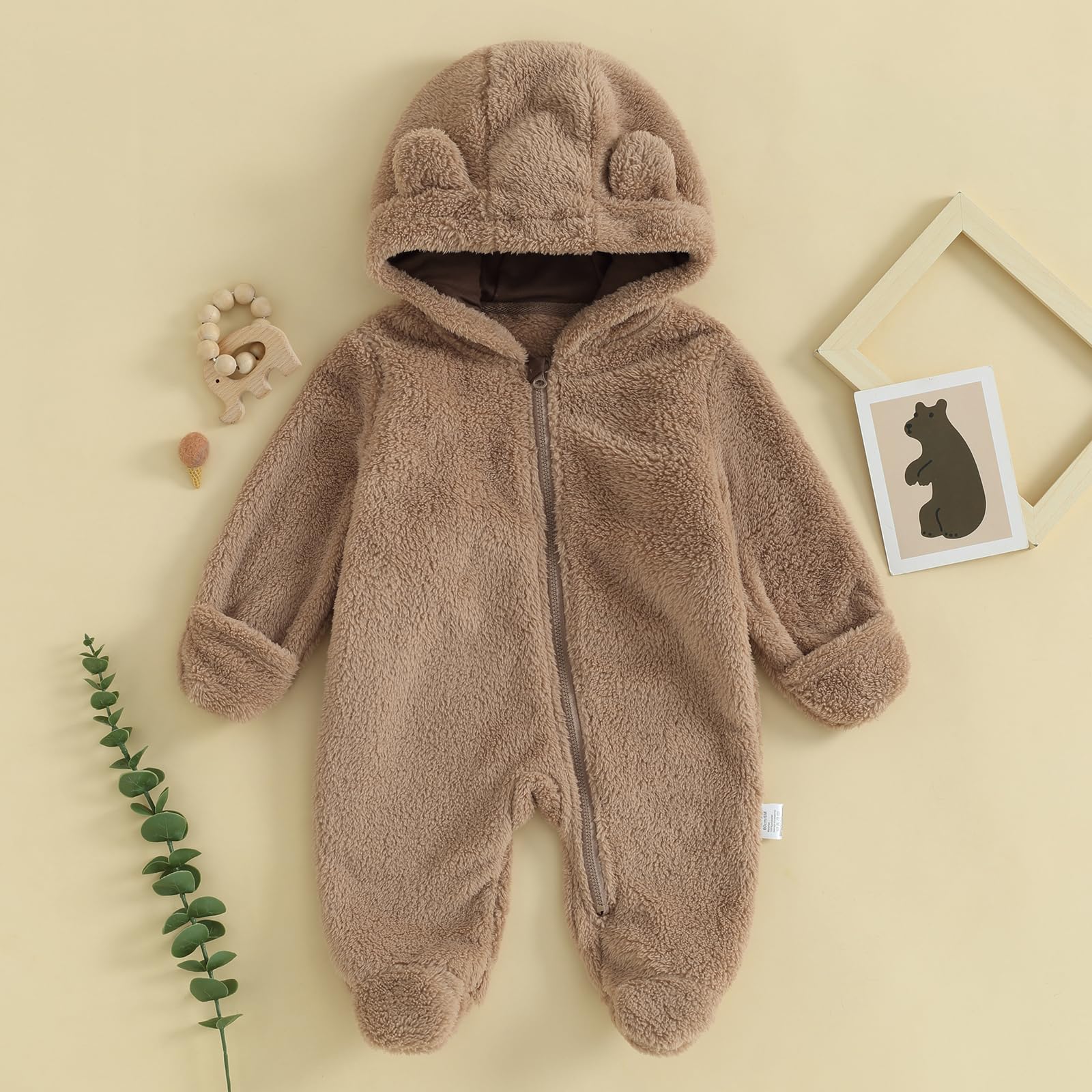 Newborn Baby Girl Boy Bear Fleece Hooded Footie Snowsuit Zip Up Long Sleeve Warm Jumpsuit Romper Baby Winter Outfits (Chestnut, 9-12 Months)