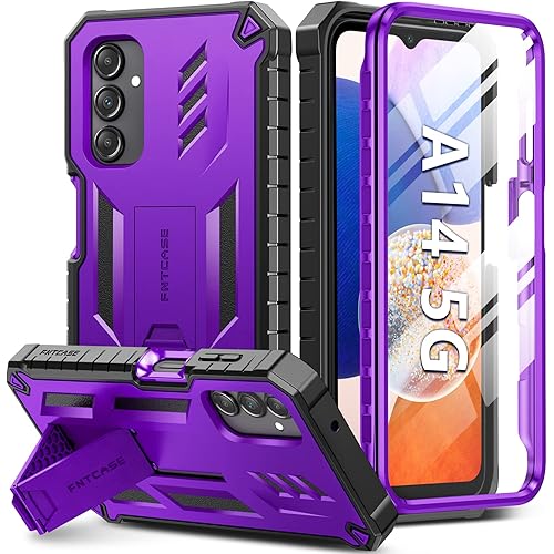 FNTCASE for Samsung Galaxy A14-5G Case: Dual-Layer Protective Textured Shockproof Rugged TPU Cover with Kickstand | Military Grade Drop Protection | Heavy Duty Cell Phone Protector - Purple