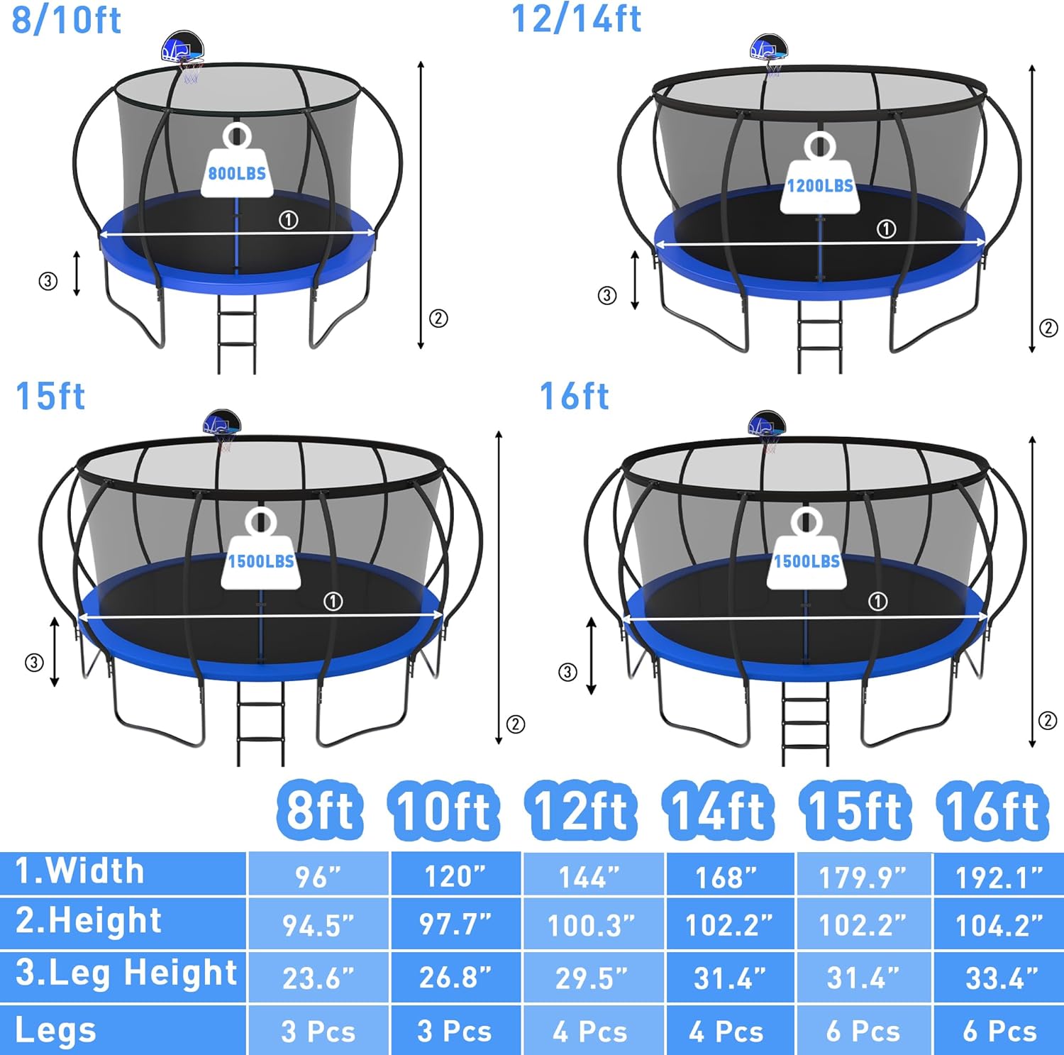 Kacho Trampoline Outdoor with Basketball Hoop 16 15 14 12 10 8FT [1800LBS & Anti-Rust Coating & Easy to Install] Recreational Trampolines for Kids & Adults, Family Backyard Fun