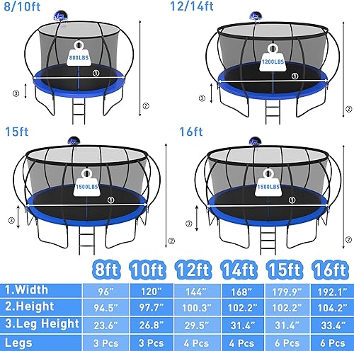 Miniatura 9 de Kacho Tranpoline Outdoor 8, 10, 12, 14, 15, 16 pies Tranpoline para niños diseño curvado reforzado y 1500 libras y fácil de instalar, tranpoline con