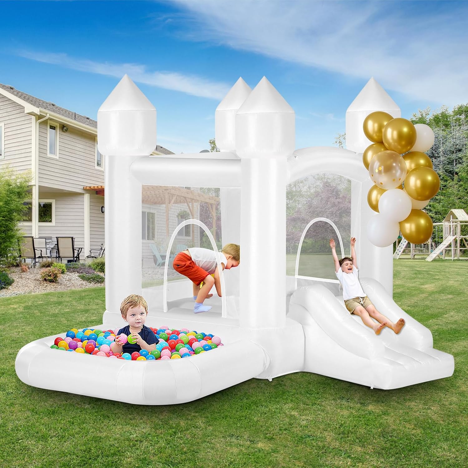 White Bounce House for Kids with Ball Pit,Inflatable Bounce House for Indoor & Outdoor, Includes Blower,Easy Setup,Durable Bouncy Castle for Backyard Birthday Gift Parties & Weddings