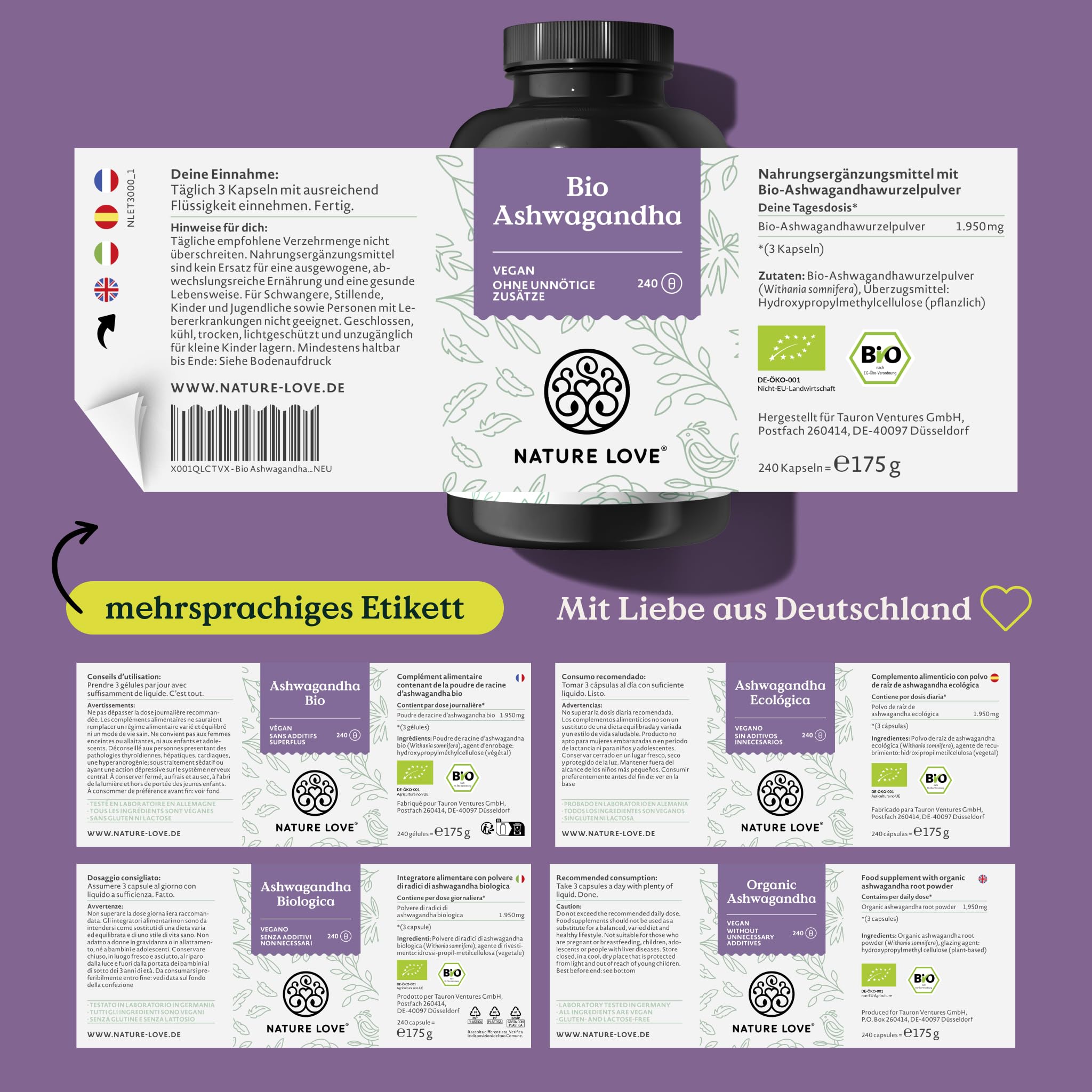 NATURE LOVE® Bio Ashwagandha - 240 Kapseln - Hochdosiert mit 1950mg je Tagesdosis - Hochwertiges indisches Ashwagandha - Laborgeprüft, vegan, in Deutschland produziert