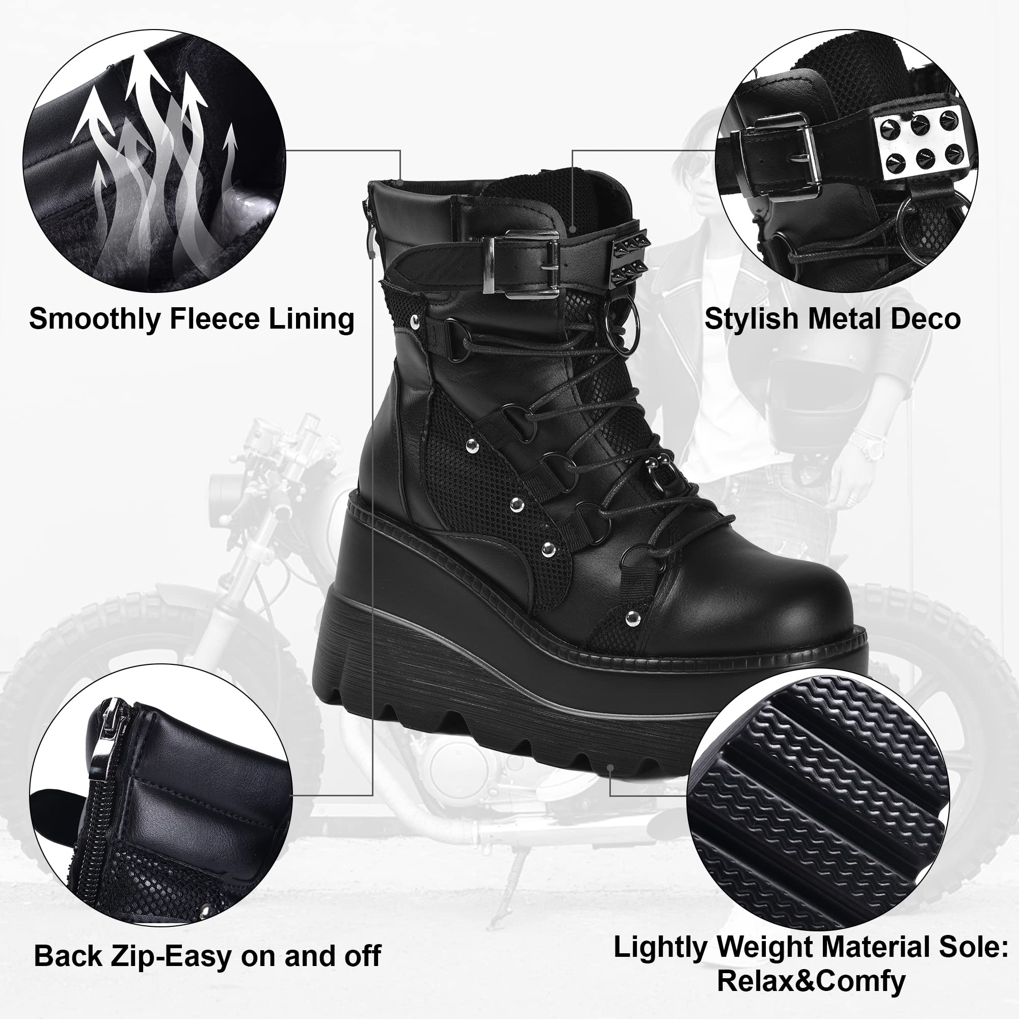 Gothniero Donne Combattimento Stivali Moto Nero Piattaforma Chunky Caviglia Moto Festival Rave Goth Stivali per le Donne Punk emo Scarpe con Catene Metalliche Lato Cerniera Punta Rotonda 36-43