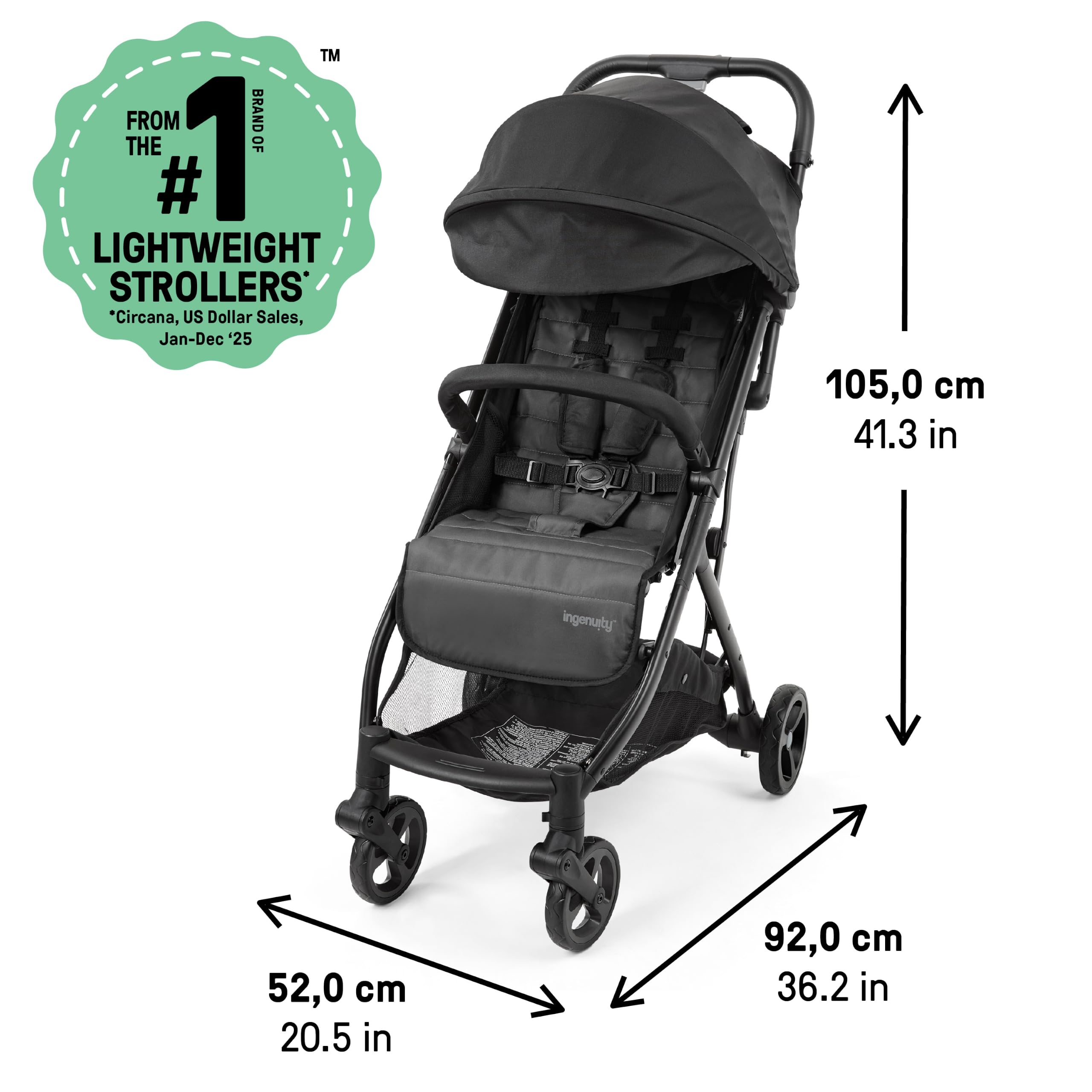 Ingenuity Passeggino 3Dquickclose CS+ Pieghevole Compatto con Cappottina Oversize, Ampio Spazio Portaoggetti, Leggero, Nero