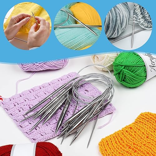 Miniatura 9 de Aeelike Juego de agujas circulares para tejer, agujas de tejer de acero inoxidable, juego de agujas de tejer redondas (39.4in), paquete de 9 agujas