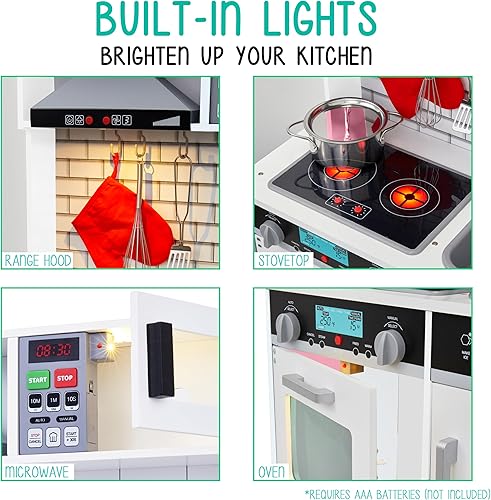 Miniatura 3 de Lil' Jumbl Juego de cocina pequeño blanco para niños, cocina de madera de simulación, incluye campana extractora, microondas, estufa, horno que hace