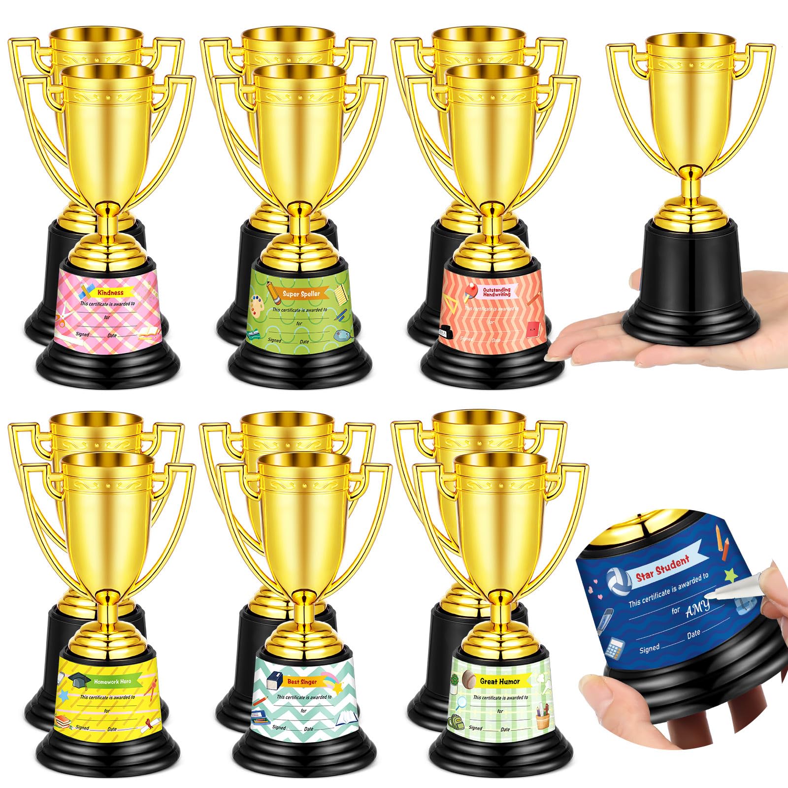 Photo 1 of 12 Pcs Bulk Mini Trophies 5.7 Inch Plastic Gold Trophy Cups with Award Certificates Stickers for Student Recognition Rewards End of Year Sports Tournament Winning Prizes Party Favor Competition Office