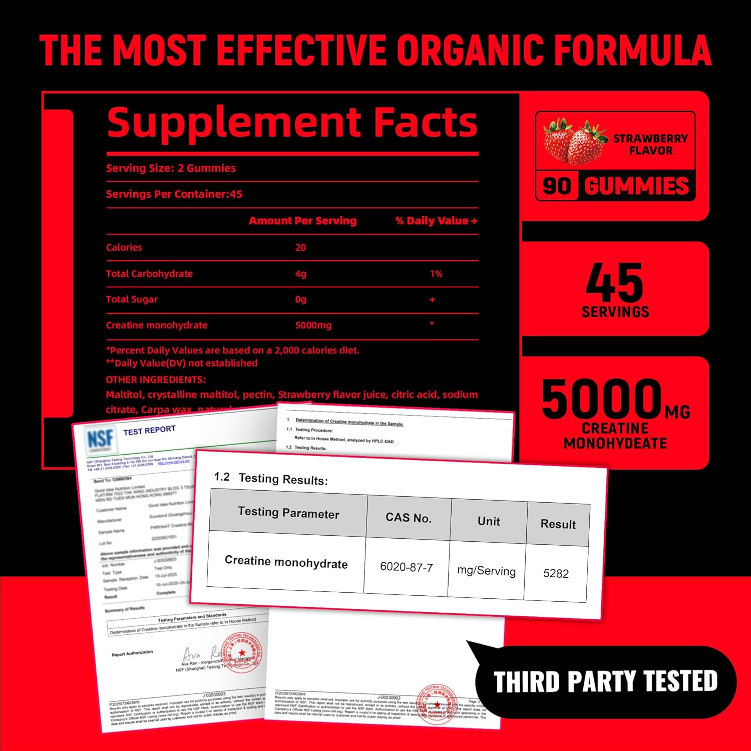 Creatine Monohydrate Gummies 5g for Men & Women - Boost Focus,Strength, and Endurance, Anti-Melting Formula, Vegan, Gluten-Free, Non-GMO, 2.5 Gram Creatine per Gummy (Strawberry 90 ct) - Image 3