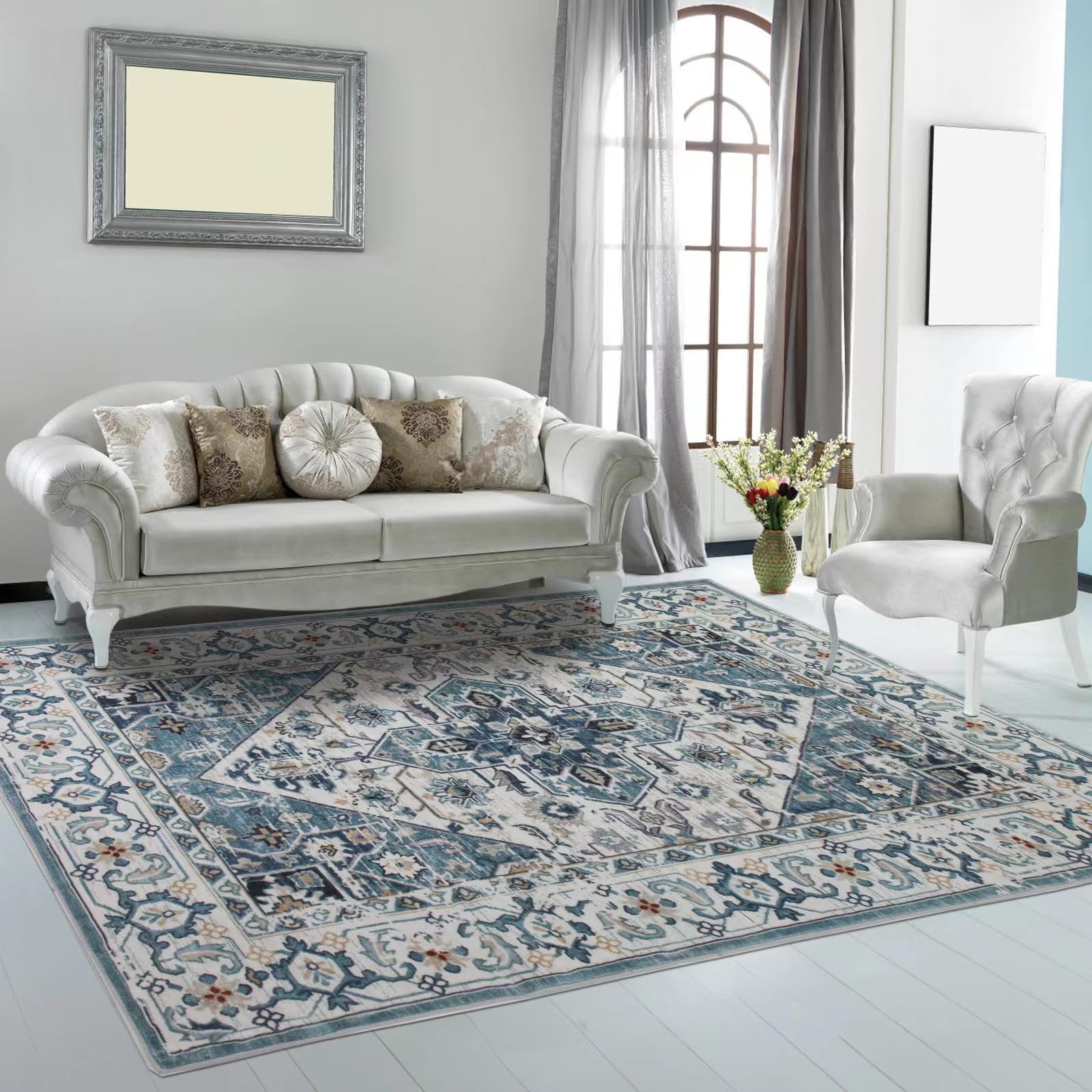 Living Room Bedroom Queen Size Rug 8x12 Washable Rug Blue Distressed