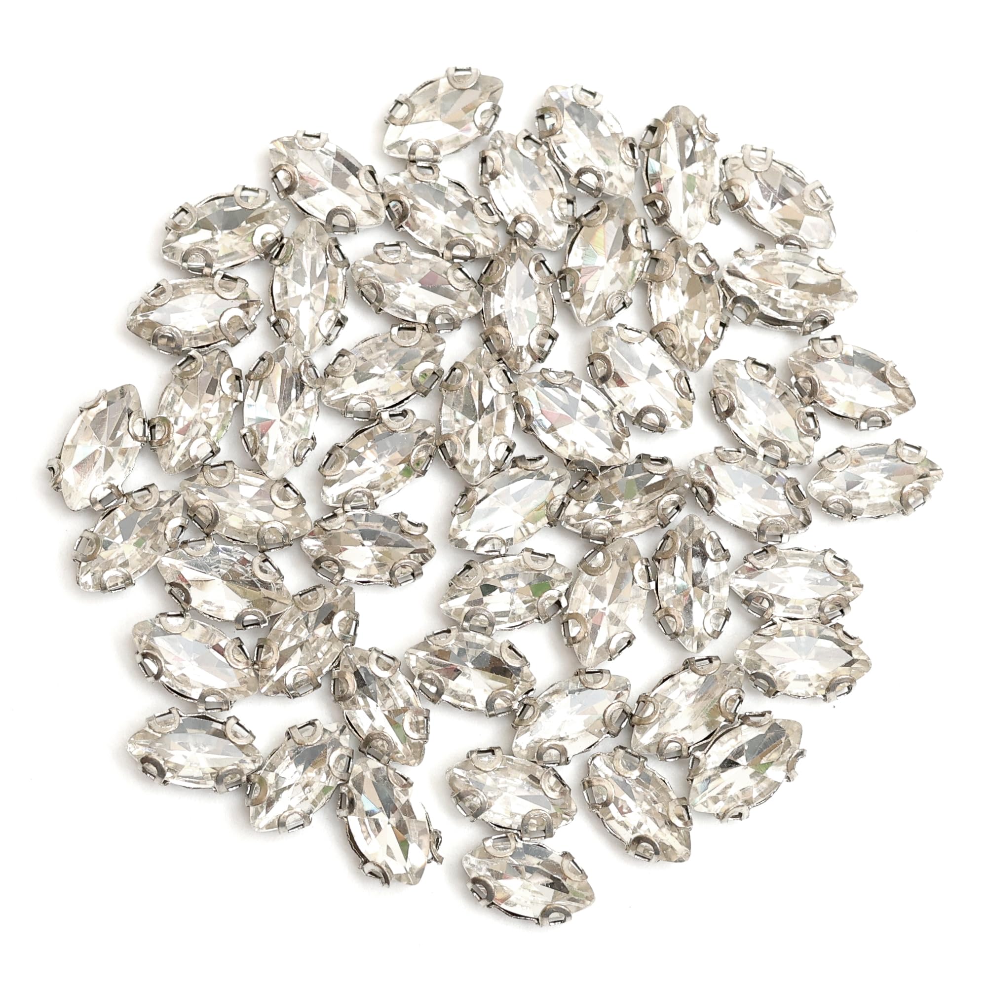 EmbroideryMaterial Sew on Glass Crystal Rhinestones for Craft, Embroidery, Jewellery Making, Fabric, Embellishment, Toran Making with D Shape Claws (Eye Shape, 4 * 8MM, Silver, 48 Pieces, Silver)