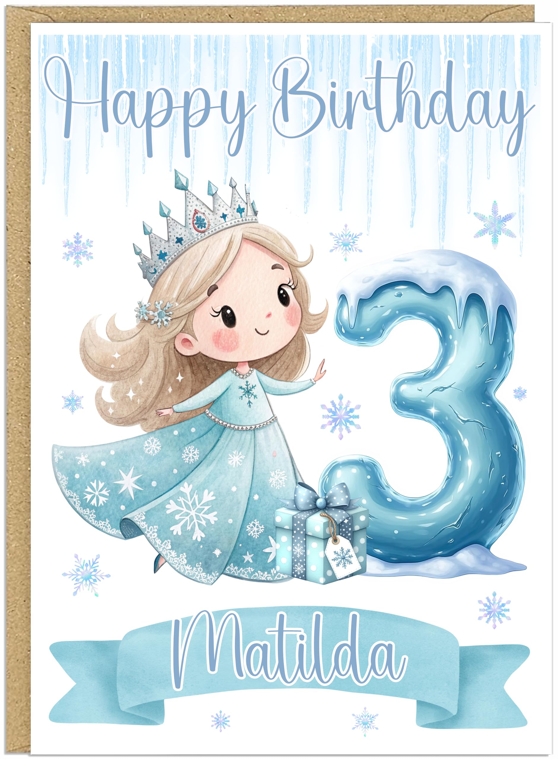 Personalised Winter Princess Happy Birthday Card with Age 1-9 - Custom Own Name & Own Age Number Balloon Blonde Ice Queen Crown Gifts A5 Greetings Card For Little Girls (Number 3)