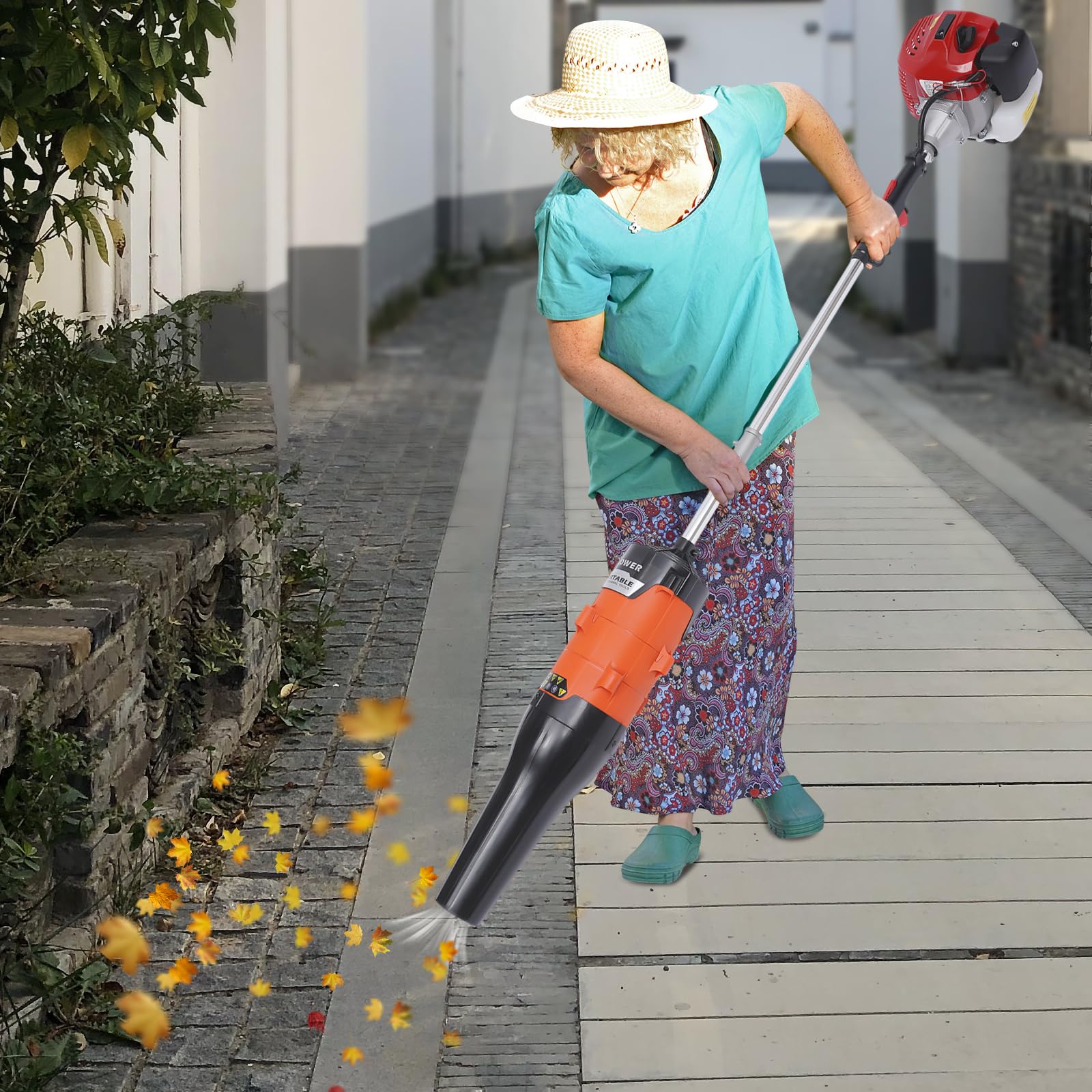 EurHomePlus Gas Power Handheld Turf Lawn Sweeper W/Blower, 52cc 2 Stroke 2.3HP Portable Artificial Grass Brush Power Broom Cleaner Tools Snow Sweeping Broom for Sweeping Driveways, Sidewalks