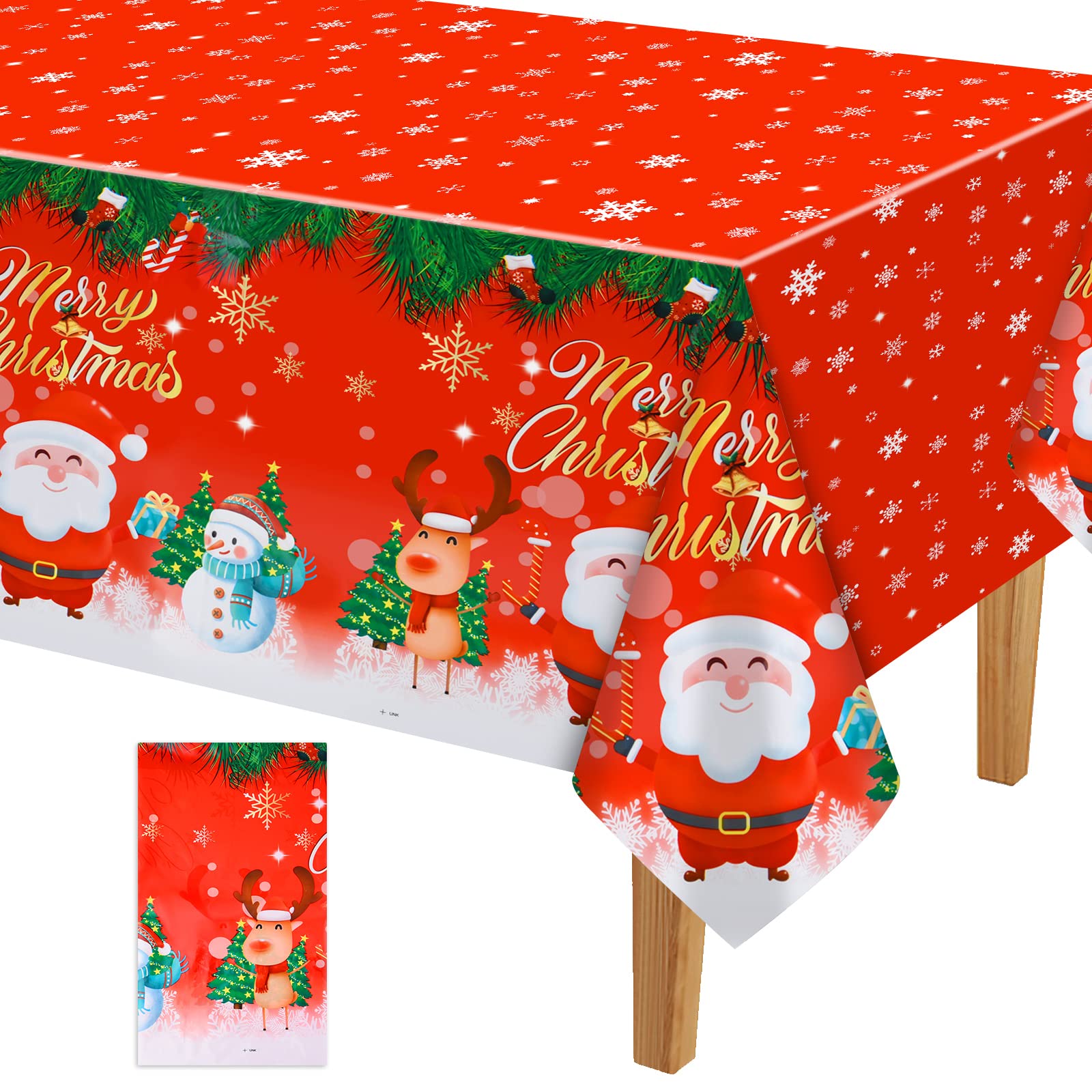 PLULON Mantel Navidad Mantel Copo Nieve plástico Rectángulo Rojo Mantel Navidad Santa Muñeco Nieve Elk Cubierta Mesa para Navidad Vacaciones Fiesta cumpleaños Cena Decoraciones Mesa, 137 × 274 CM