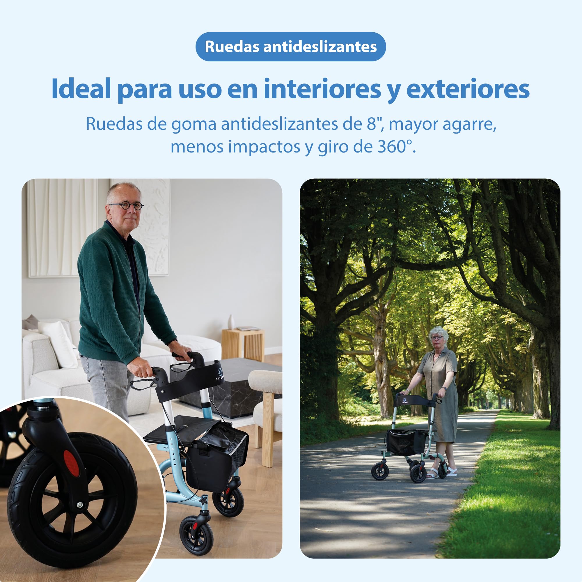 Safe Age Andador para Ancianos con Ruedas - Ligero y Plegable con Asiento para Interior y Exterior - con Respaldo y Soporte para Bastón