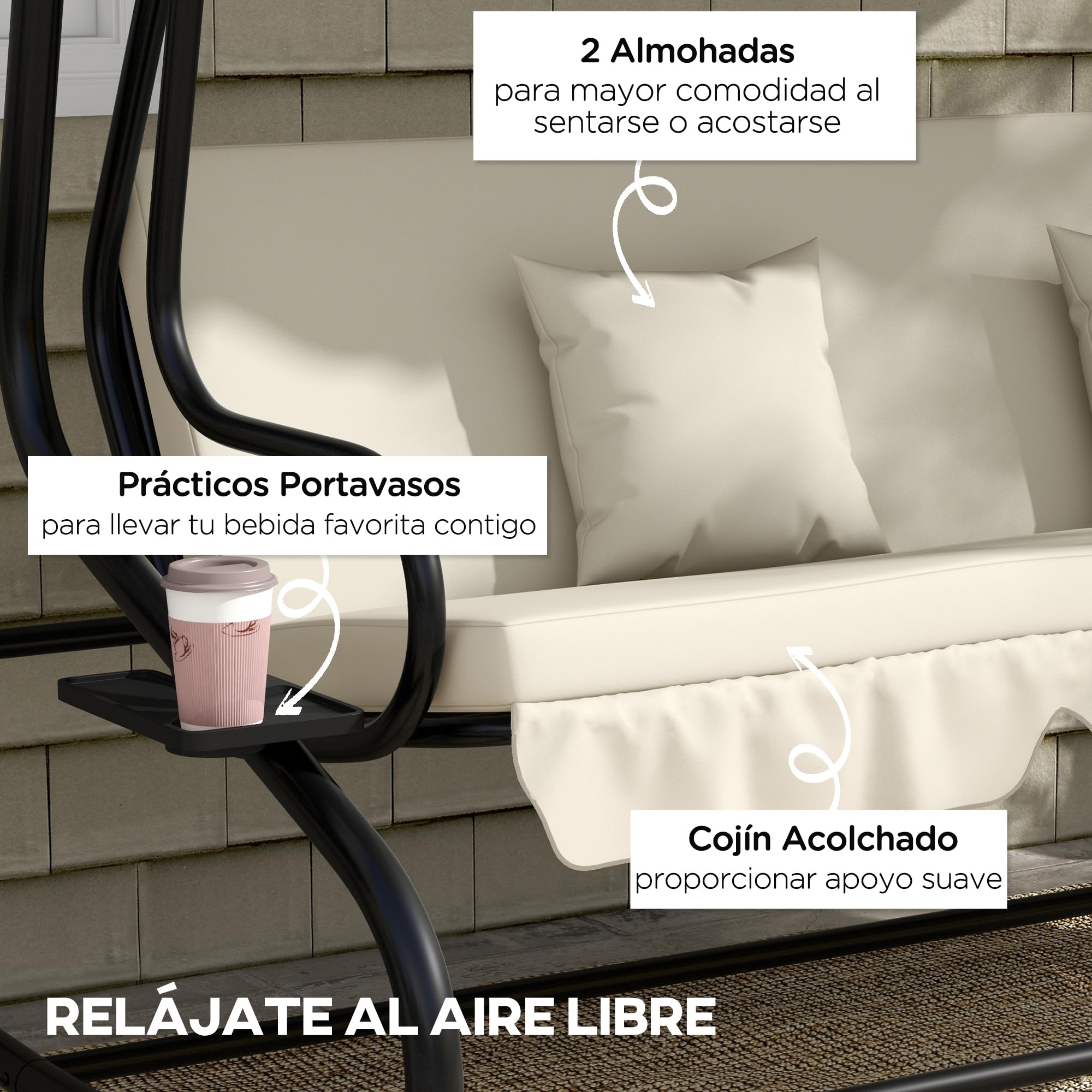 Outsunny Columpio Balancín Jardín 3 Plazas Convertible en Cama Techo Parasol Regulable Bandeja para Bebida Terrza Balcón Exterior Carga máx. 340kg Acero 200x120x164cm Beige