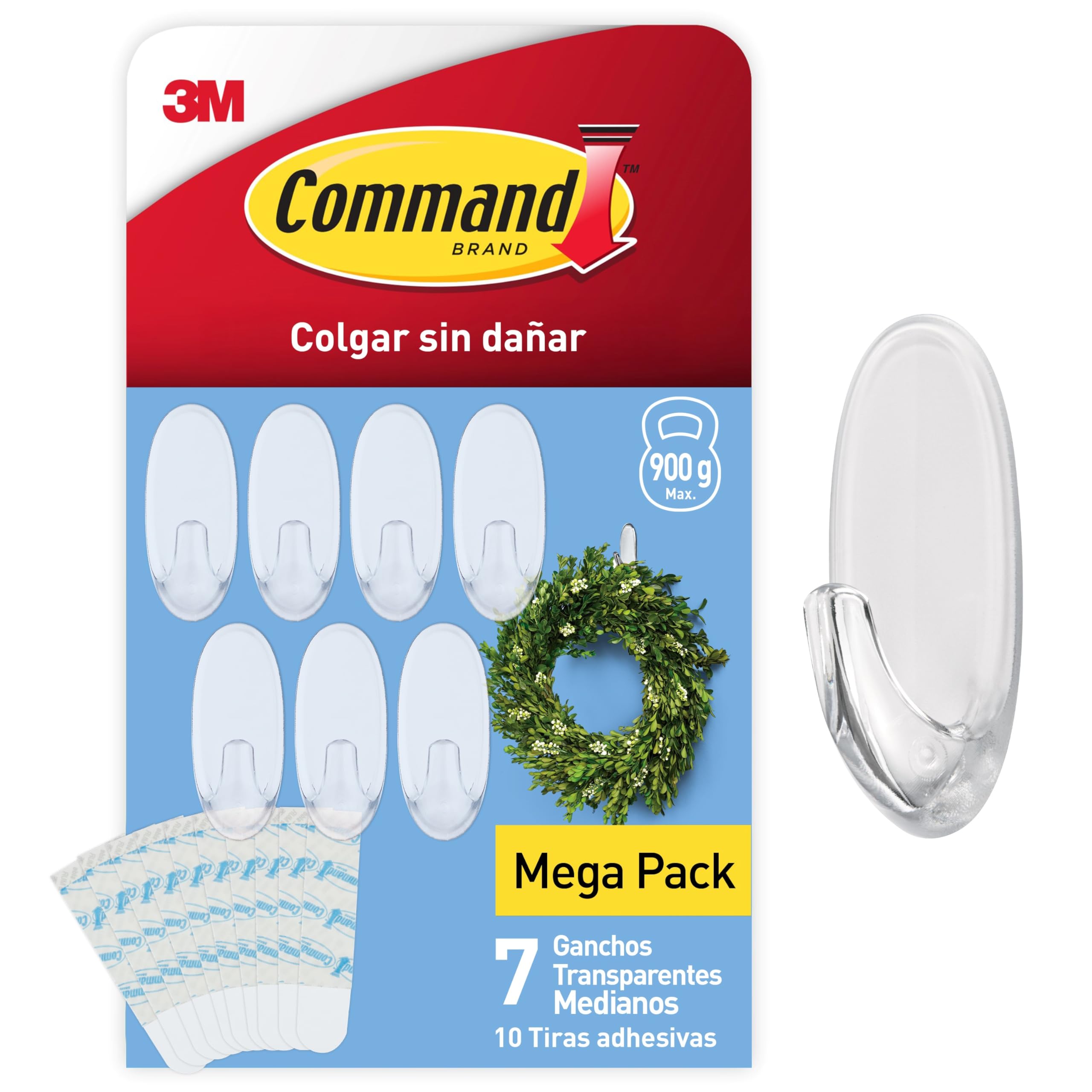 Command Ganchos Transparentes Medianos Paquete Múltiple 7 Ganchos + 10 Tiras Adhesivas 900 g