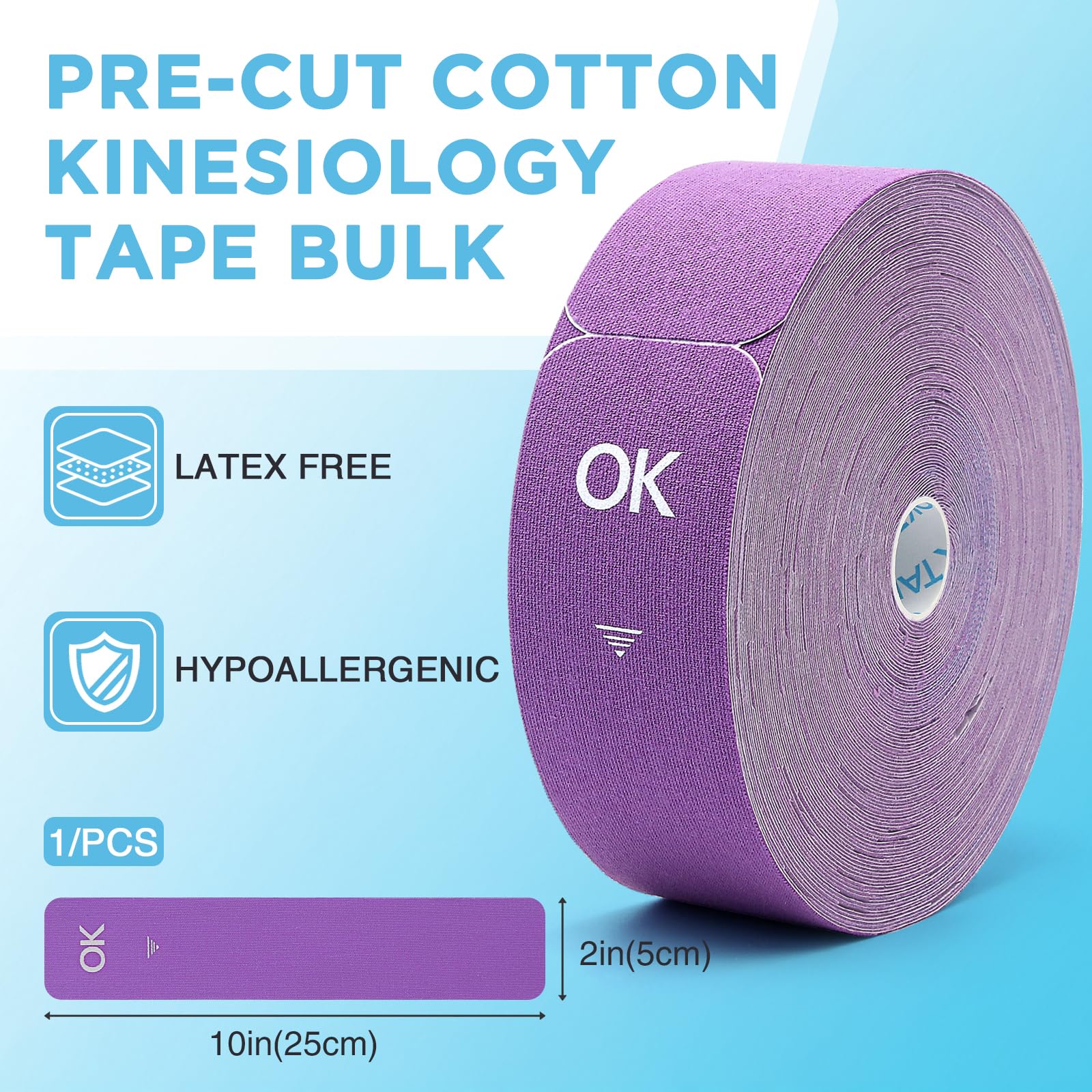 OK TAPE Kinesiology Tape Pre Cut Strips Bulk (100 PCS),Elastic Cotton Latex Free Hypoallergenic Athletic Tape Roll for Muscle Joint Knee,Waterproof k Tape 2in×10in/PCS