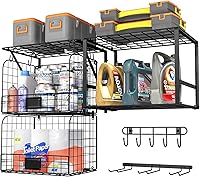 Vista 1 de Garage Shelf Wall Mounted with Wire baskets, Heavy Duty Garage Wall Shelving with Garden Tool Rack and Hooks, Wire Shelf Baskets Tool Organizer for