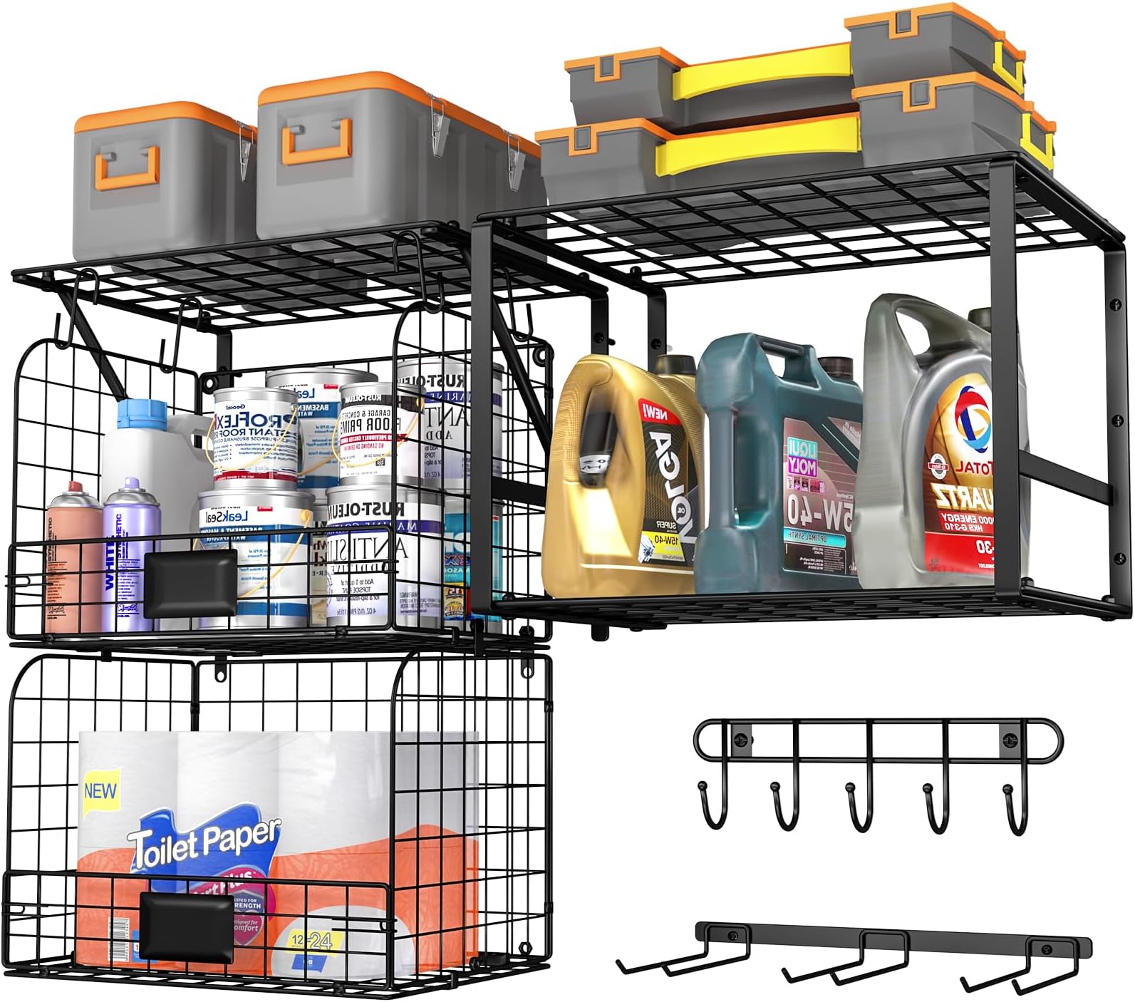 ThreeHio Garage Shelf Wall Mounted with Wire baskets, Heavy Duty Garage Wall Shelving with Garden Tool Rack and Hooks, Wire Shelf Baskets Tool Organizer for Home Garden Yard Organization and Storage