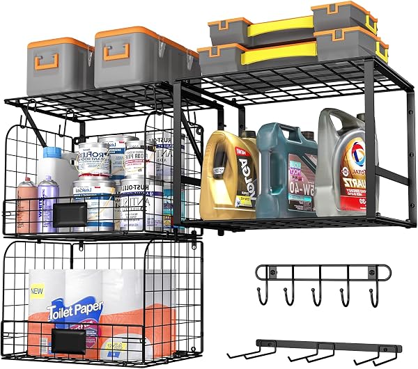 ThreeHio Garage Shelf Wall Mounted with Wire baskets, Heavy Duty Garage Wall Shelving with Garden Tool Rack and Hooks, W