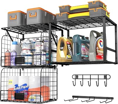 ThreeHio Garage Shelf Wall Mounted with Wire baskets, Heavy Duty Garage Wall Shelving with Garden Tool Rack and Hooks, Wire Shelf Baskets Tool Organizer for Home Garden Yard Organization and Storage