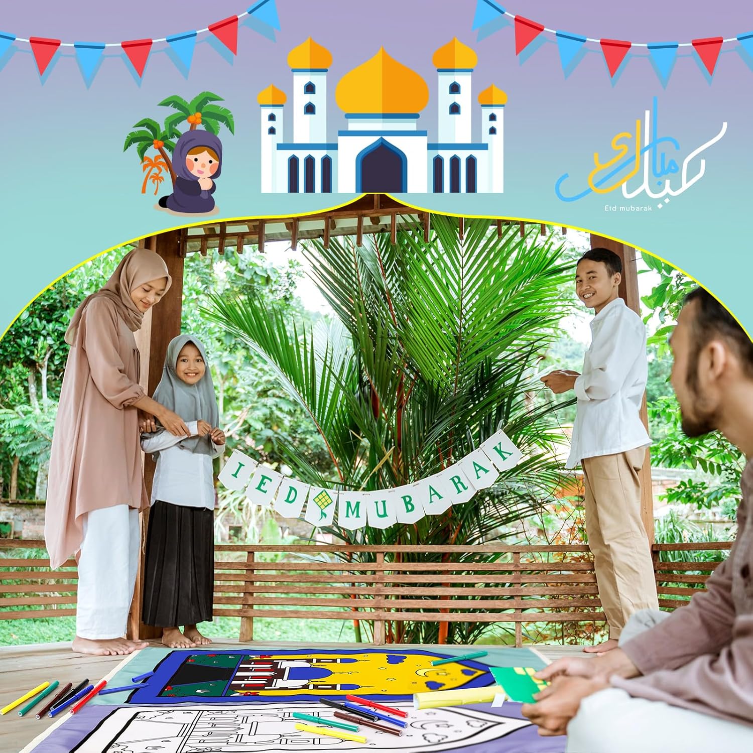 Drydiet 2 Pcs Kids Prayer Mats, Ramadan Eid Gifts for Kids, Washable Painted Prayer Rug with 12 Colourful Marker, Muslim Islamic Gifts, Painted Religion Supplies