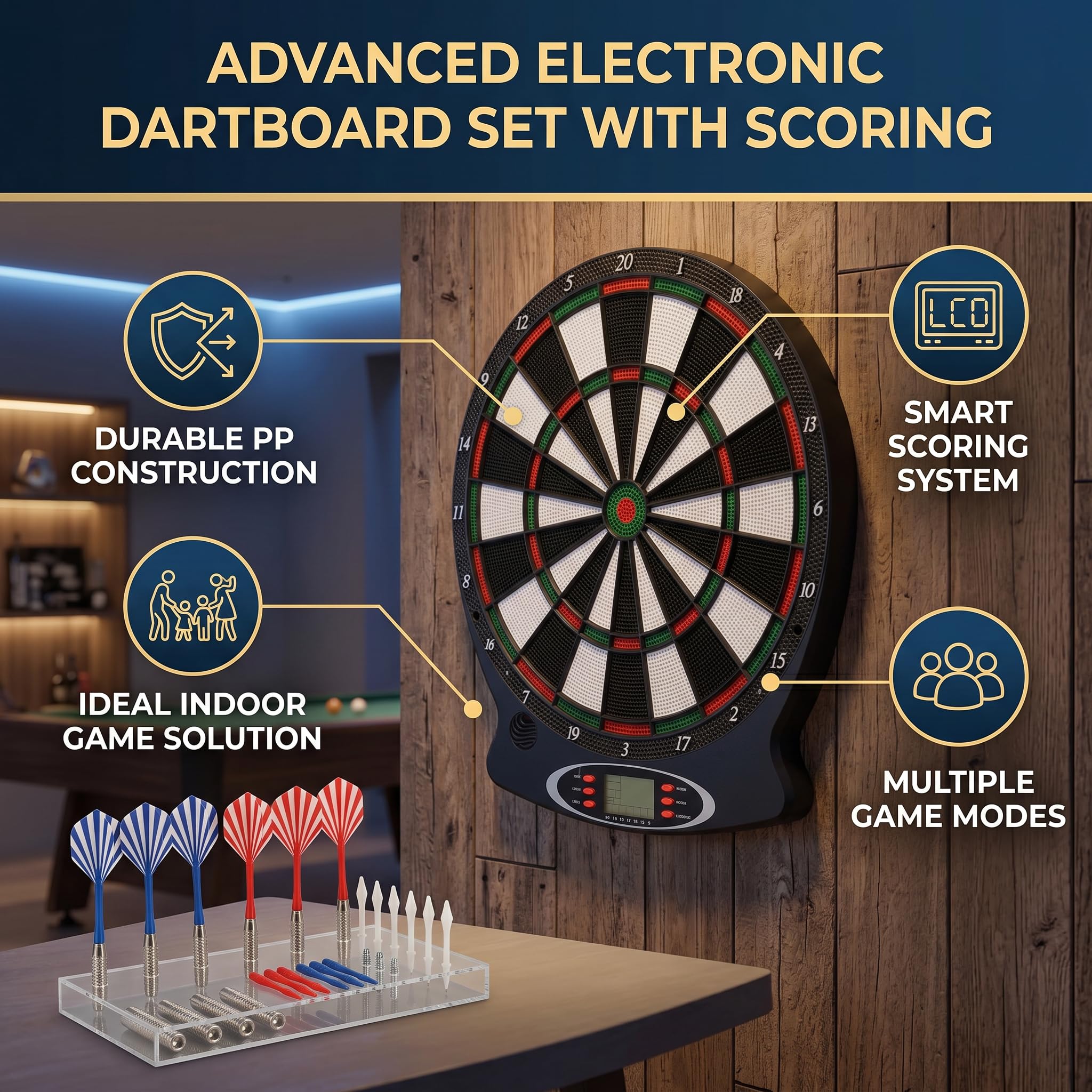 Juego de Diana Electrónica para Dardos, con Indicadores LED y Puntuación Digital y 6 Dardos para Dardos Electrónicos, Diana para Dardos