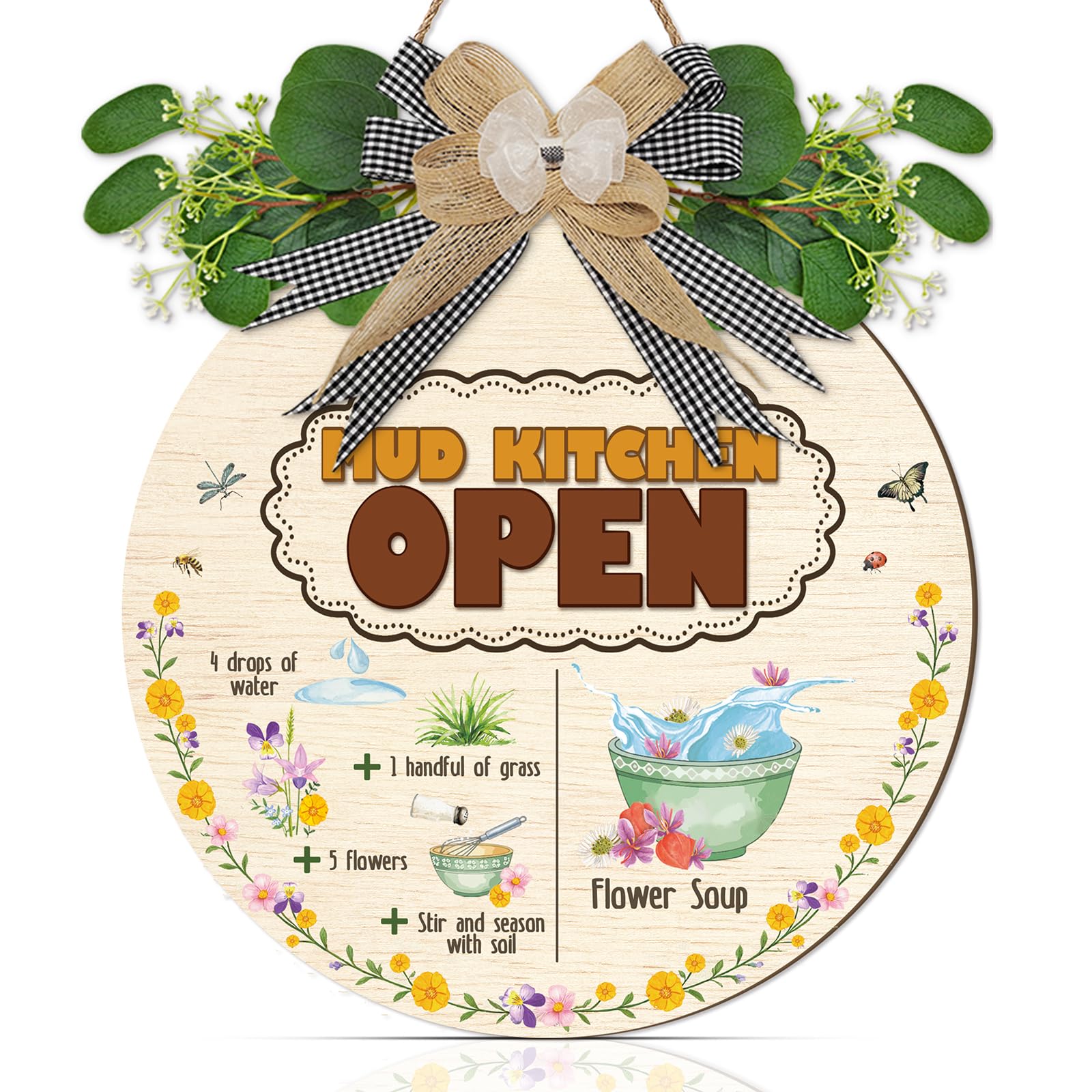 ANHUIB Mud Kitchen Open Sign Kids Mud Kitchen Wooden Hanging Sign Rustic Outdoor Plaque with Nature Bug Prints for Kids Outdoor Garden Garden Play Areas Playhouses Outdoor Toys Accessories