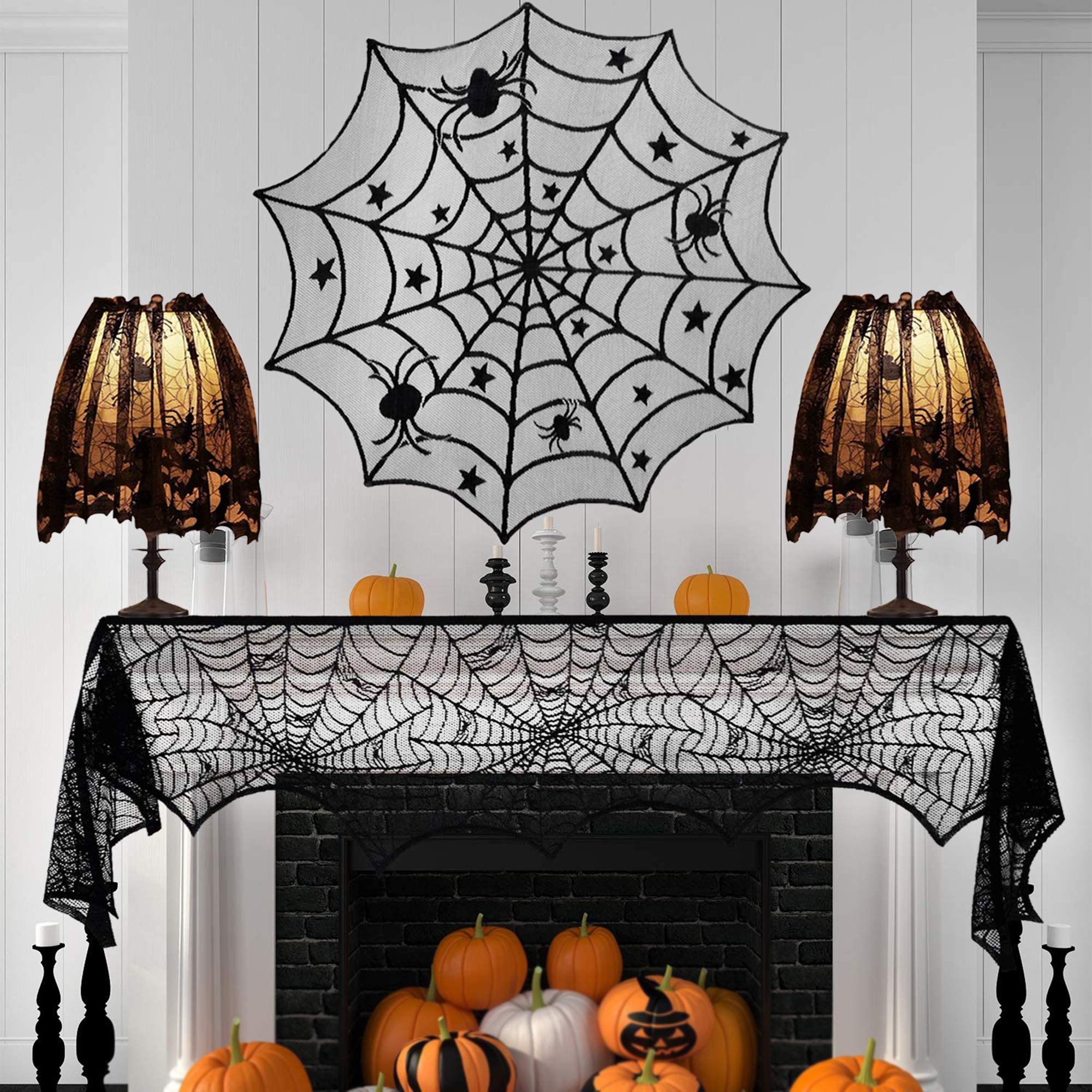 4 Pack Halloween Decorations, Spider Web Round Lace Table Topper Tablecloth, Spider Web Fireplace Mantel Scarf Cover, 2Pcs Spider Web Lamp Shade Cover Scarf for Halloween Décor Party Supplies