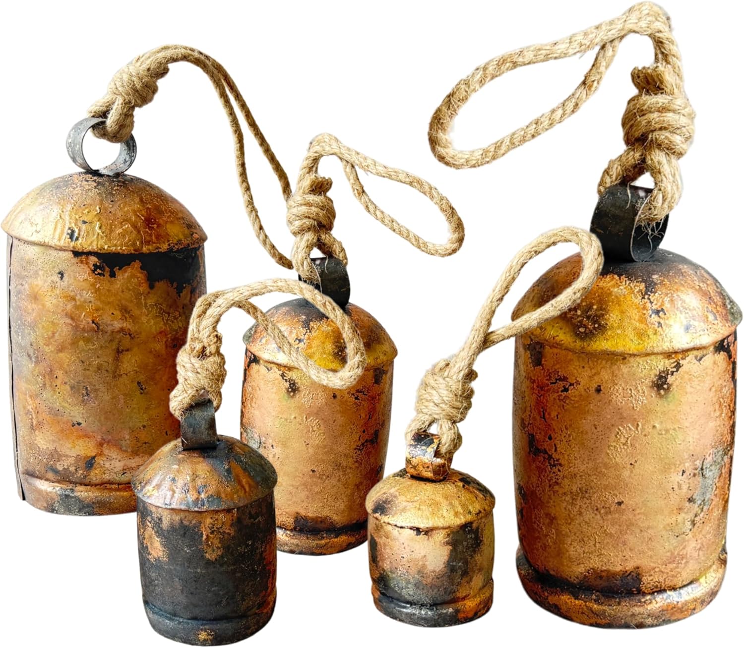 Rustic Metal Christmas Hanging Bell Set, Golden Finish, Farmhouse Style, Set of 5, Indoor and Outdoor Decor