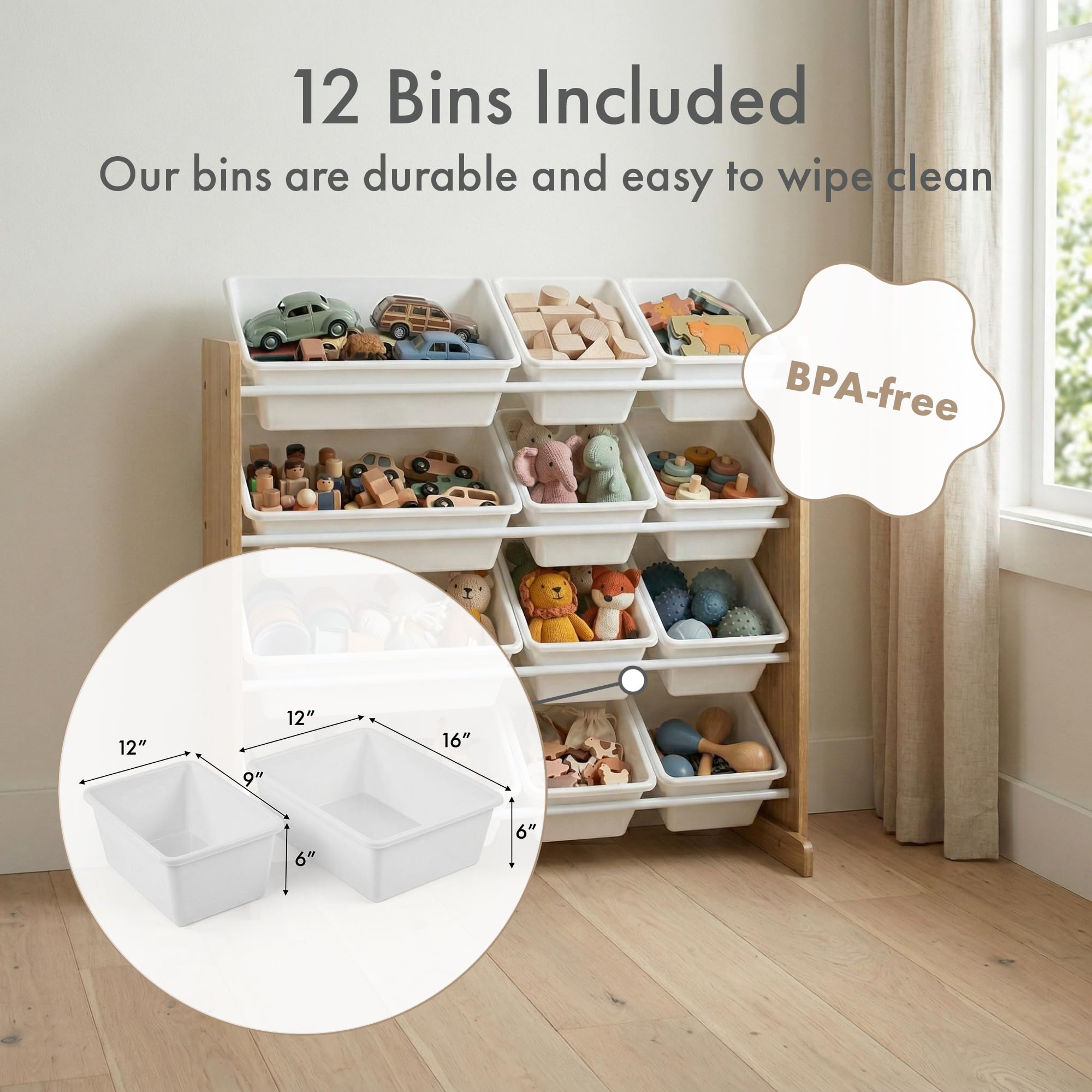 Humble Crew WO70526 Estantería para Niños - Estantería Organizadora para Juguetes con 12 Cajas de Almacenamiento, Natural/Blanco
